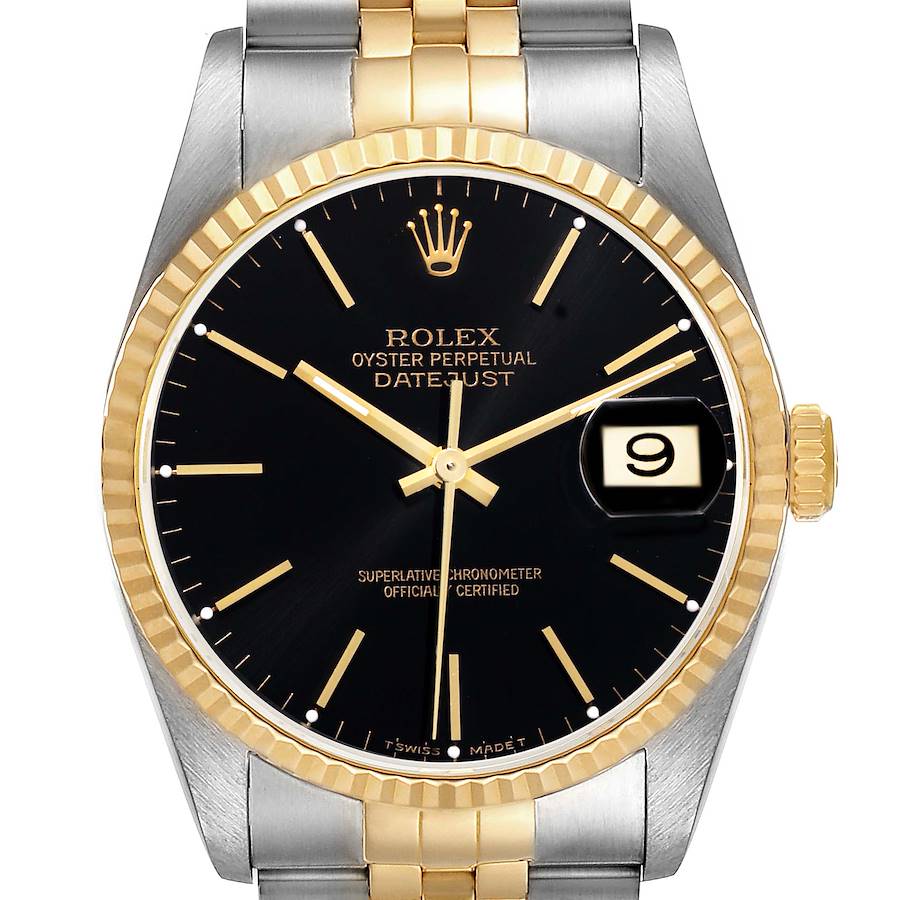 Rolex Datejust 36 Steel Yellow Gold Black Dial Mens Watch 16233 Box Papers SwissWatchExpo