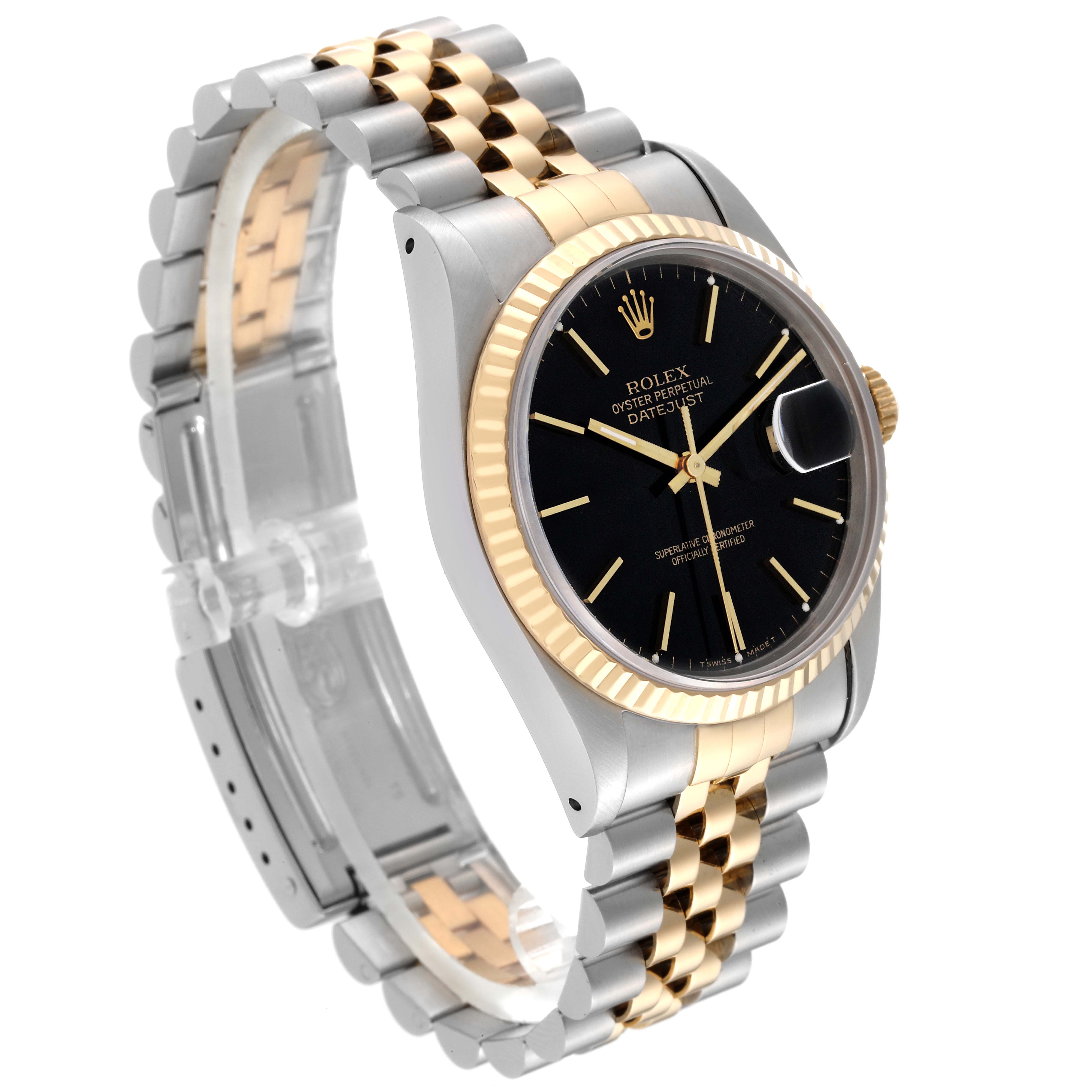 The Rolex Datejust 16233 Men's Steel and Gold (two tone) Black Dial 16233 Men's Steel and Gold (two tone) Black Dial watch is shown from a three-quarter side view, displaying the dial, bezel, and two-tone bracelet.