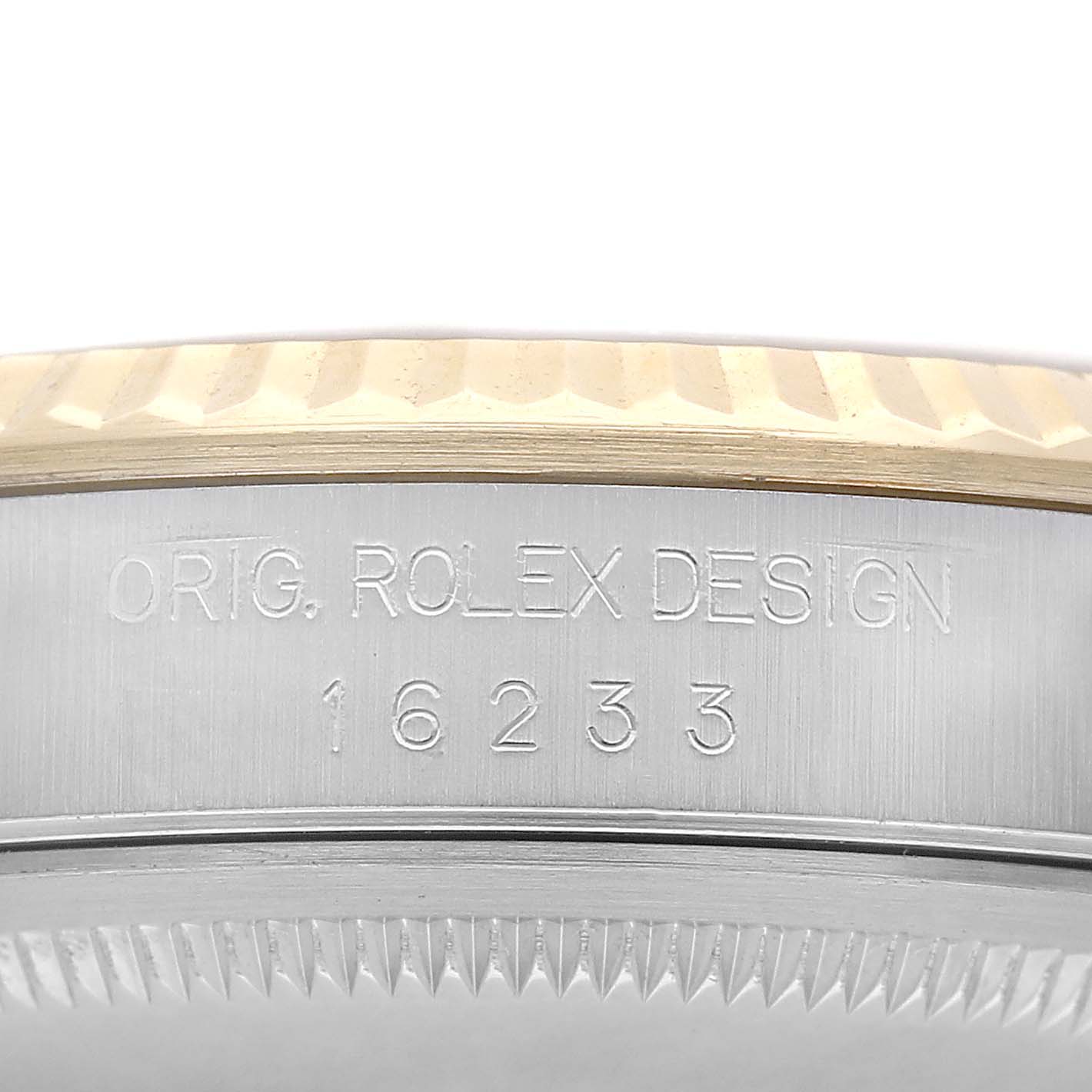 The image shows a side view of the Rolex Datejust 16233 Men's Stainless Steel Champagne Dial watch case, highlighting the model number "16233" and "ORIG. ROLEX DESIGN" engraving.