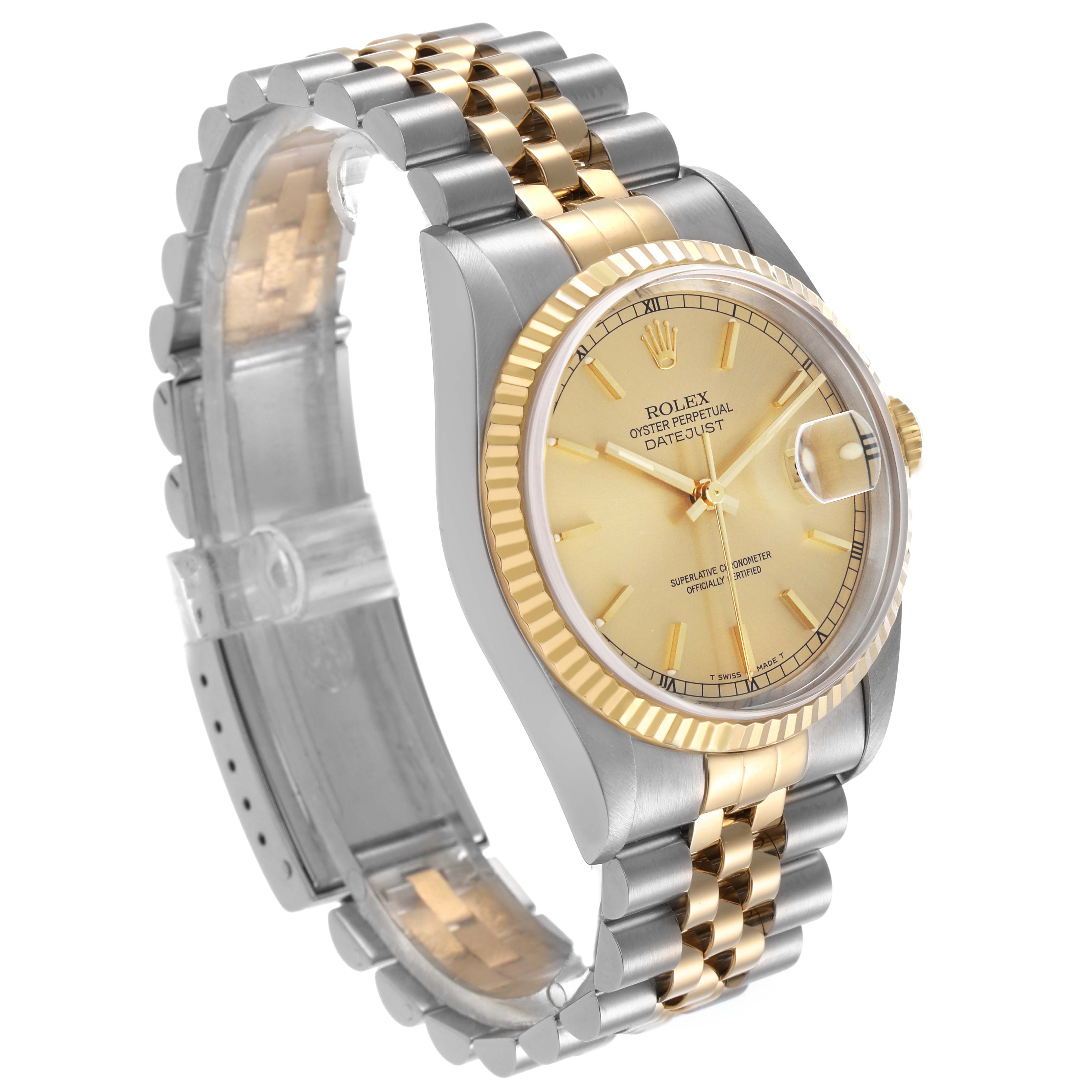 The Rolex Datejust 16233 Men's Stainless Steel Champagne Dial watch is shown at a slight angle, displaying the face, bezel, crown, and two-tone bracelet.