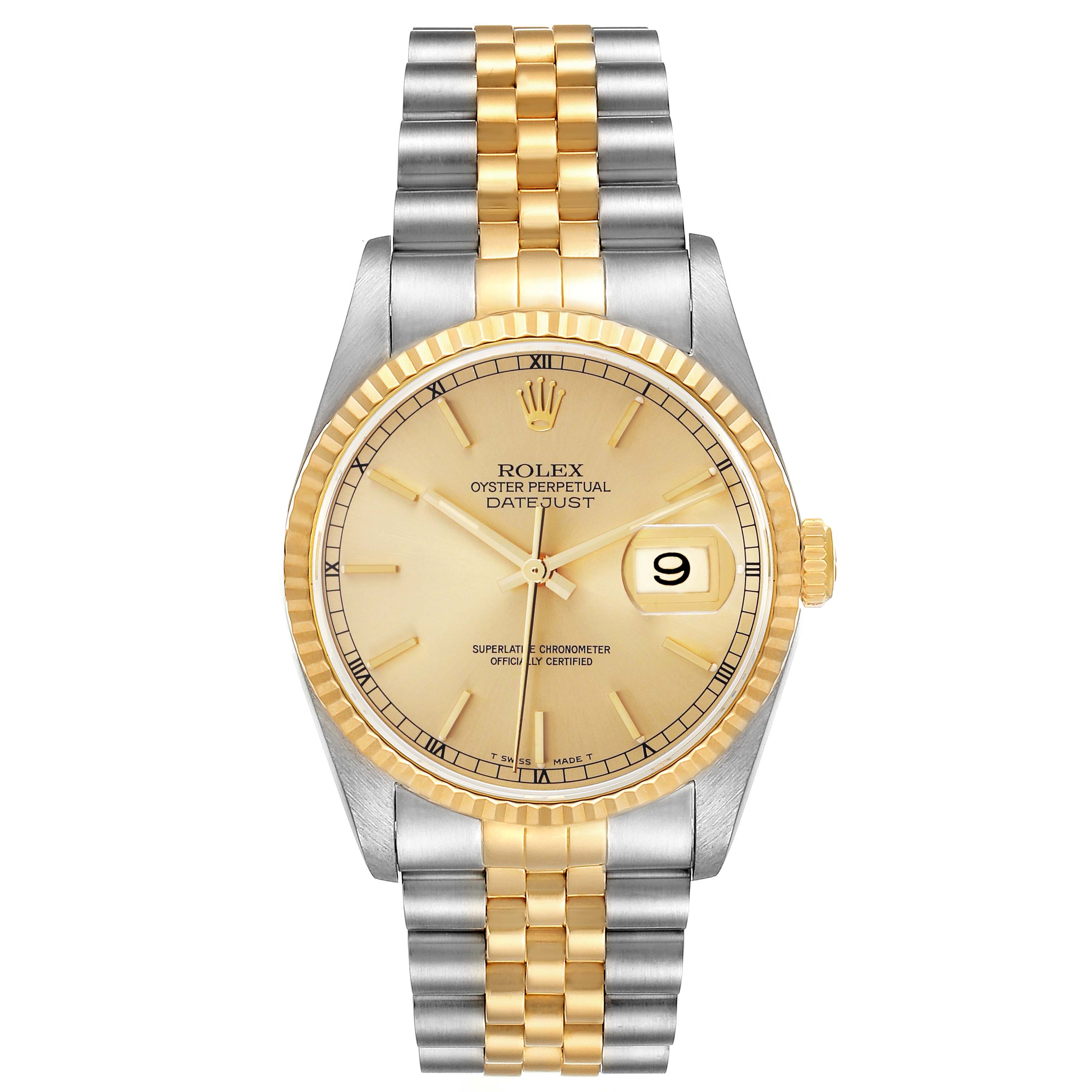 The Rolex Datejust 16233 Men's Stainless Steel Champagne Dial watch is shown from a front angle, displaying the dial, bezel, case, and bracelet.