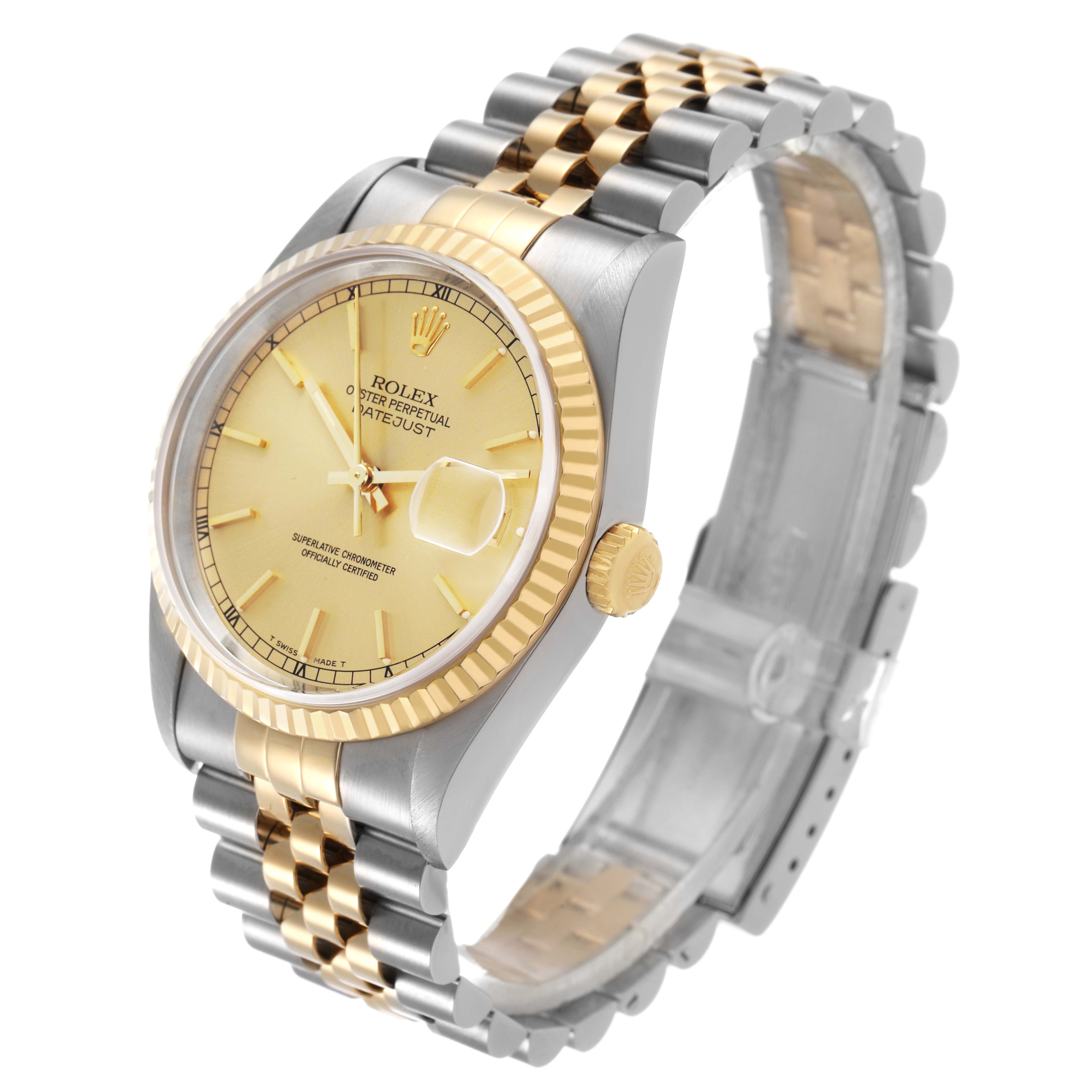 The Rolex Datejust 16233 Men's Stainless Steel Champagne Dial watch is shown at an angle highlighting the face, bezel, and bracelet links.