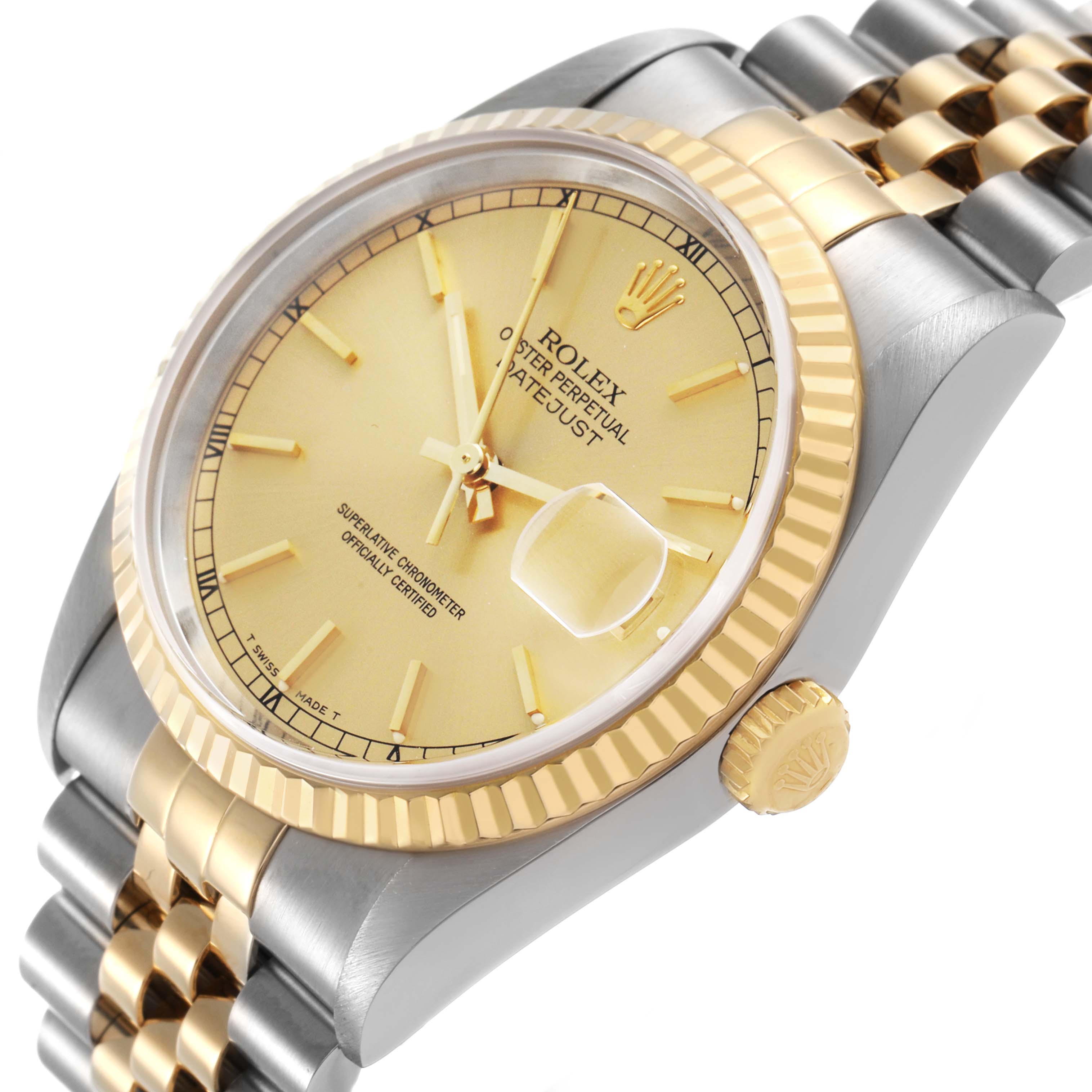 The Rolex Datejust 16233 Men's Stainless Steel Champagne Dial watch is shown at a slight angle, displaying the dial, crown, and bracelet.