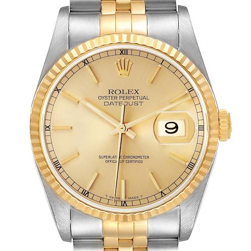 The image shows a front view of a Rolex Datejust 16233 Men's Stainless Steel Champagne Dial, highlighting the dial, bezel, and bracelet.