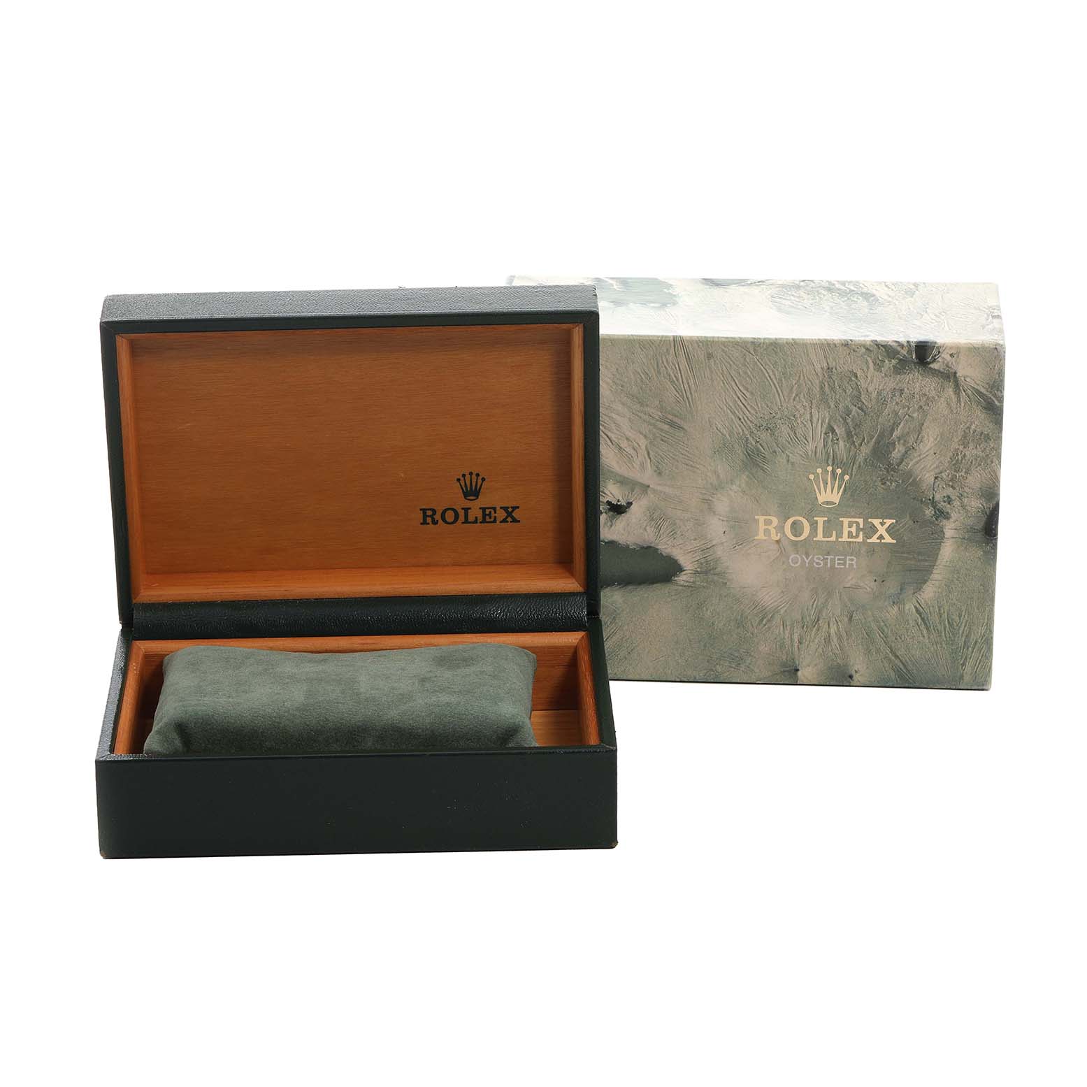 The image shows an open Rolex Datejust 16013 Men's Steel and Gold (two tone) Champagne Dial watch box with a cushion inside and an outer box beside it.