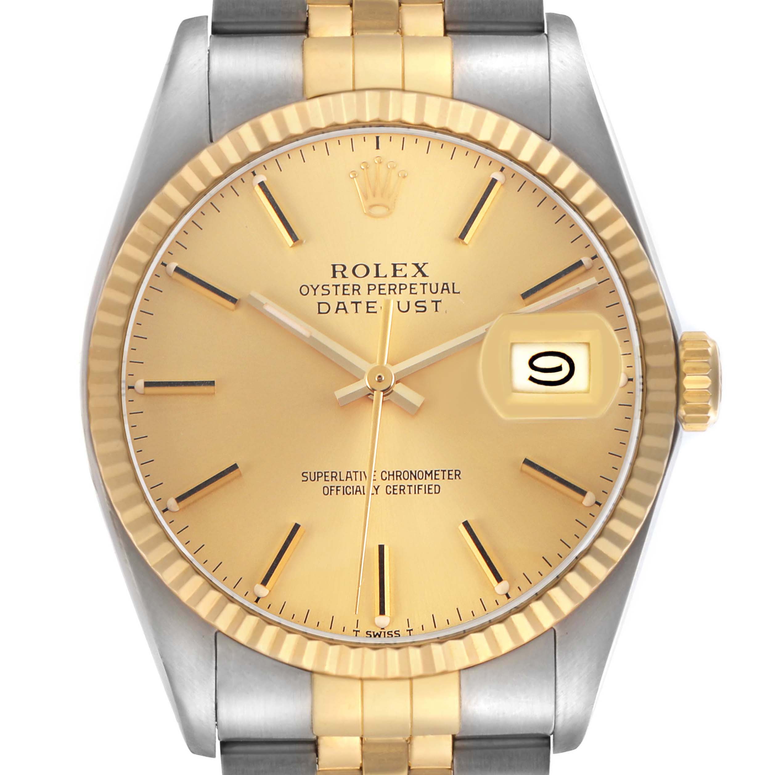 The Rolex Datejust 16013 Men's Steel and Gold (two tone) Champagne Dial watch is shown from the front, highlighting the gold dial, fluted bezel, and two-tone bracelet.