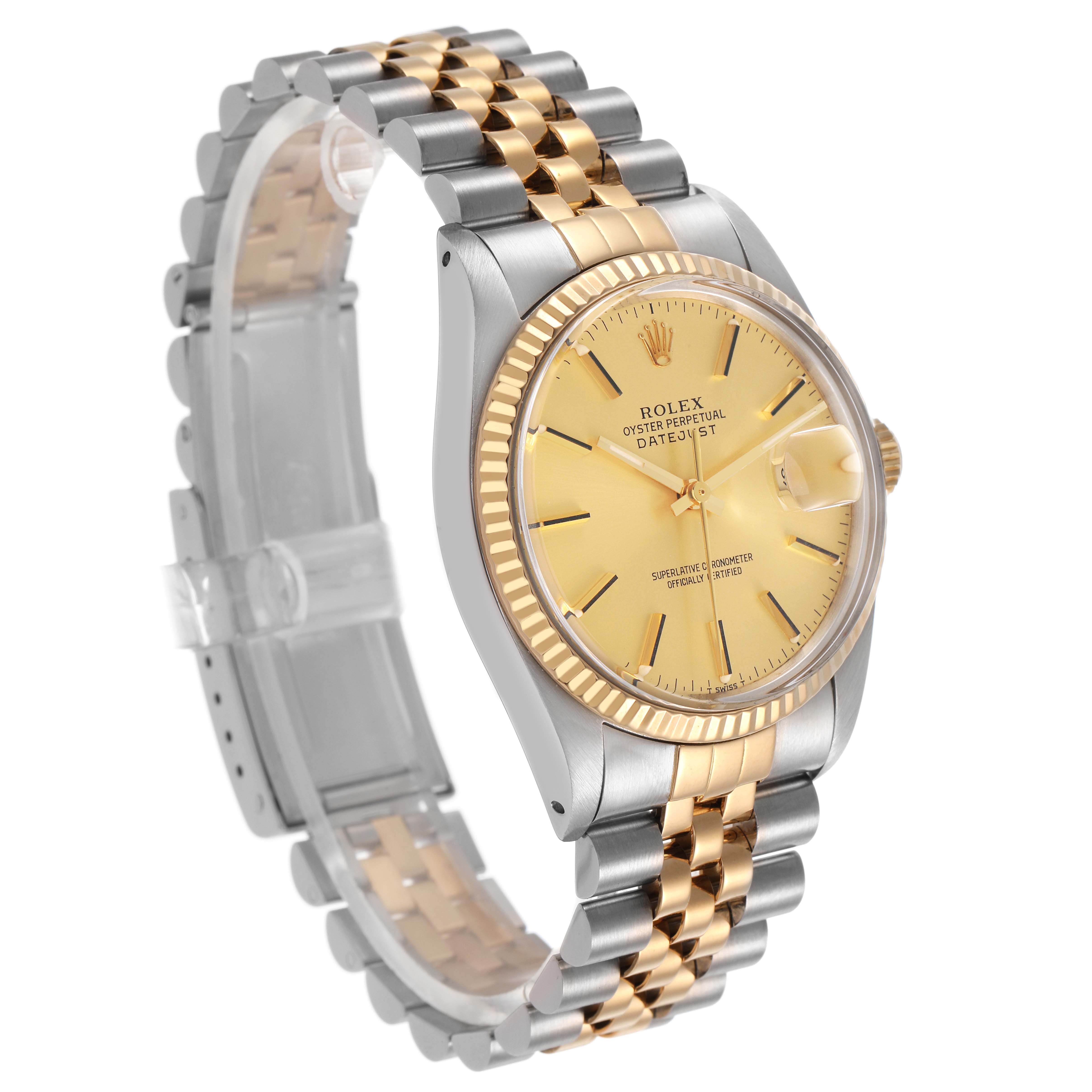 The Rolex Datejust 16013 Men's Steel and Gold (two tone) Champagne Dial watch is shown at a three-quarter angle, highlighting the gold dial, fluted bezel, and two-tone Jubilee bracelet.