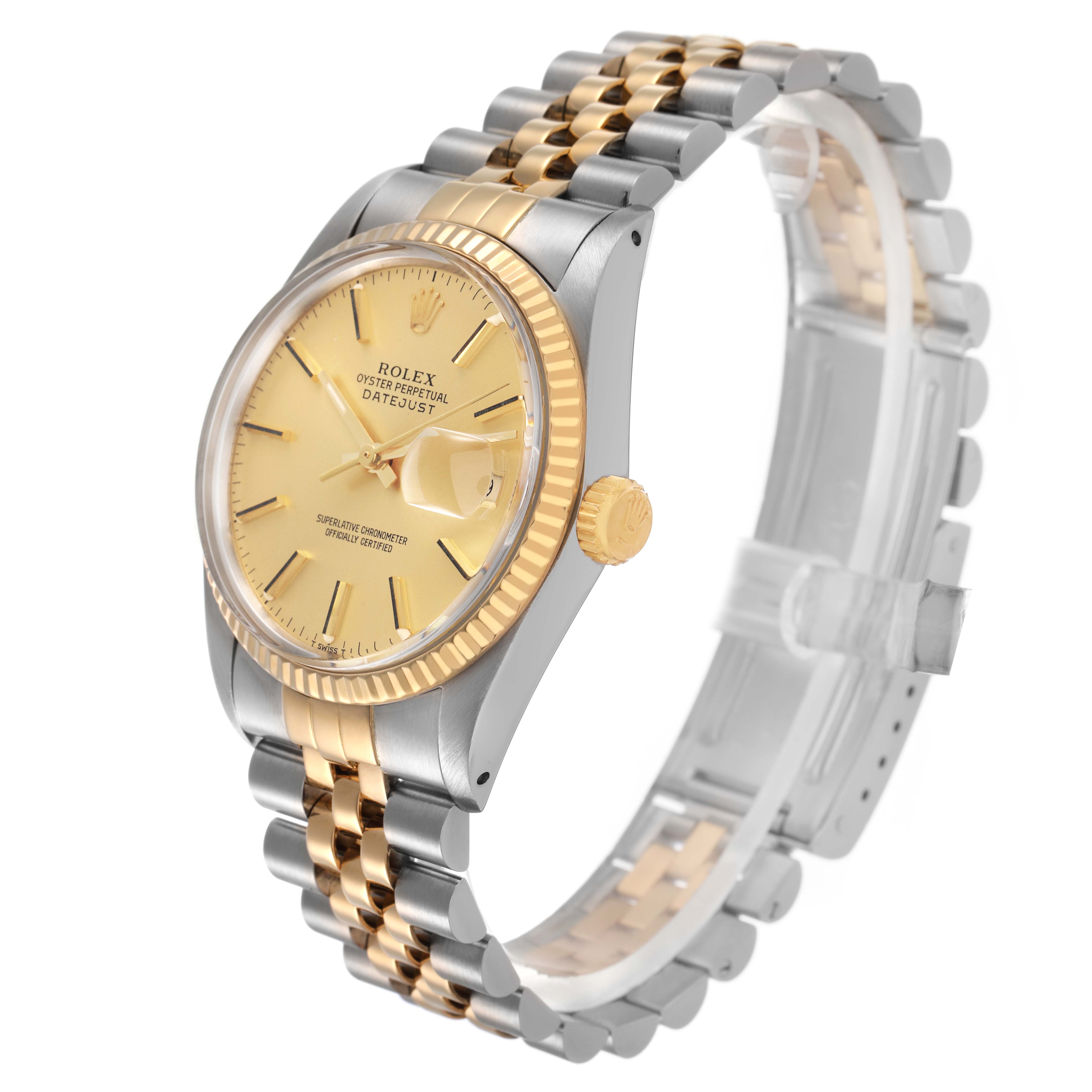 The Rolex Datejust 16013 Men's Steel and Gold (two tone) Champagne Dial is shown at a three-quarter angle, highlighting its gold and silver finish, fluted bezel, and Jubilee bracelet.