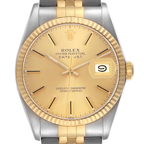The Rolex Datejust 16013 Men's Steel and Gold (two tone) Champagne Dial watch is shown from the front, highlighting its gold dial, fluted bezel, and two-tone bracelet.