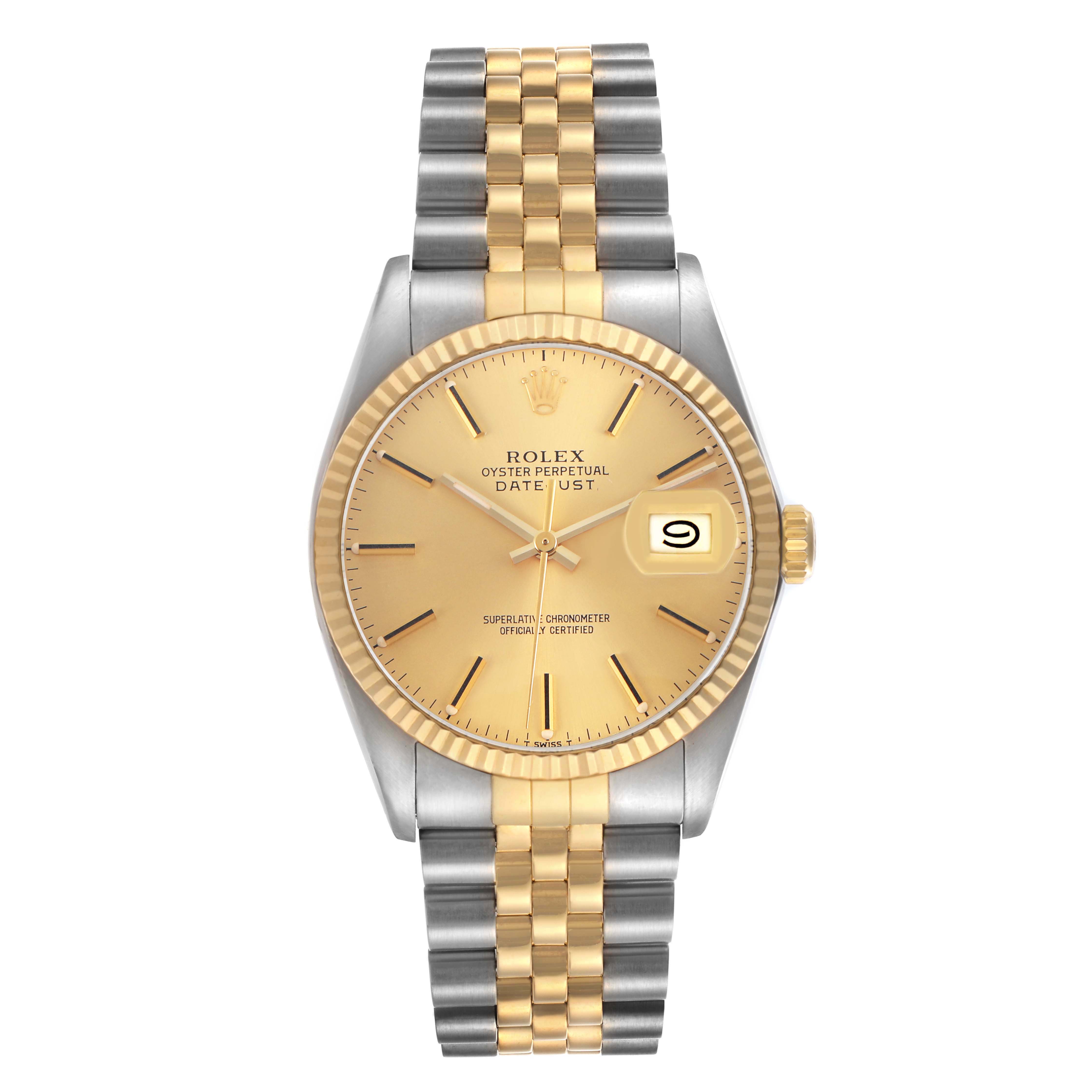 The Rolex Datejust 16013 Men's Steel and Gold (two tone) Champagne Dial watch is shown from a front angle, displaying the face, bezel, and bracelet.