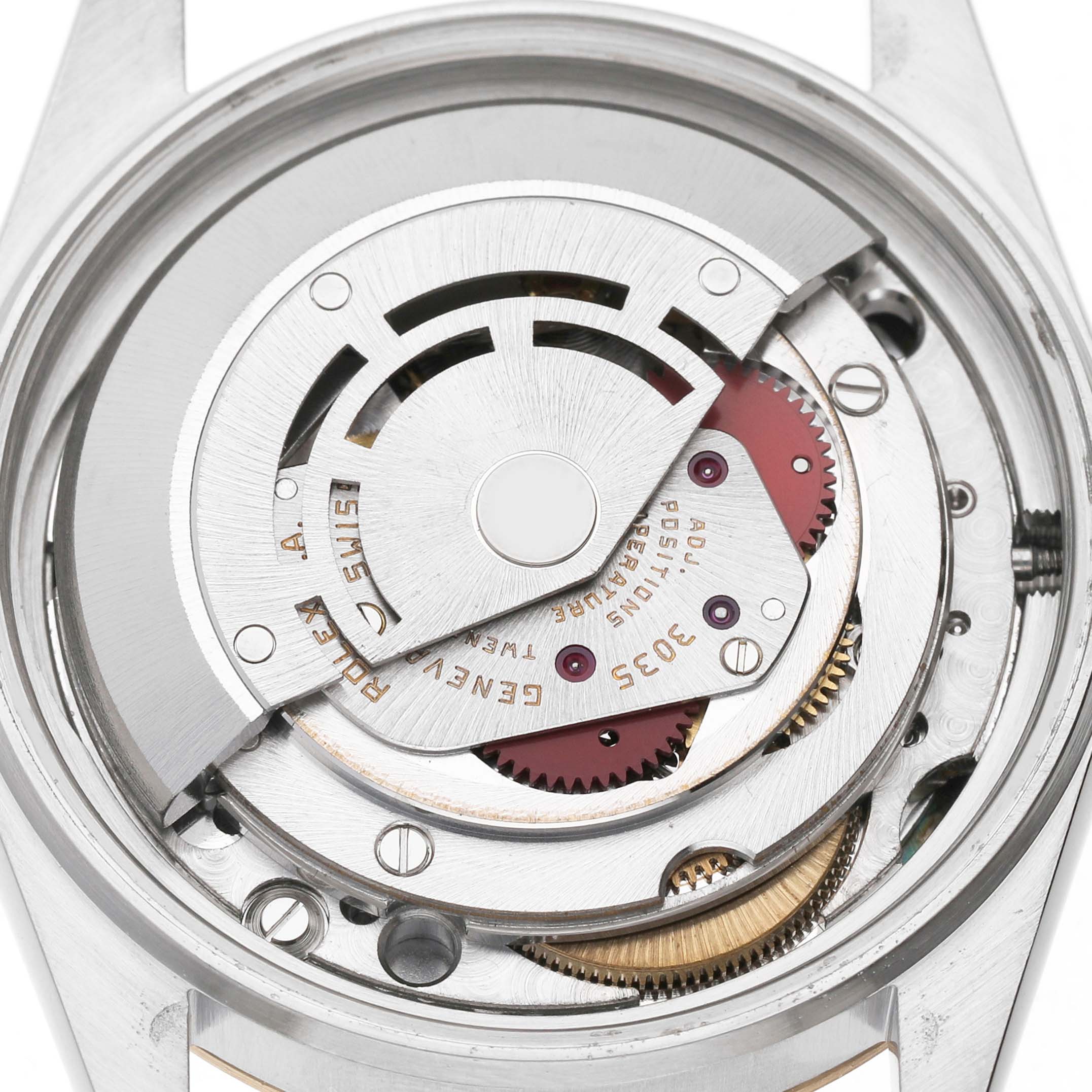 The image shows the movement of a Rolex Datejust 16013 Men's Steel and Gold (two tone) Champagne Dial watch from a top-down angle, displaying the intricate internal components.