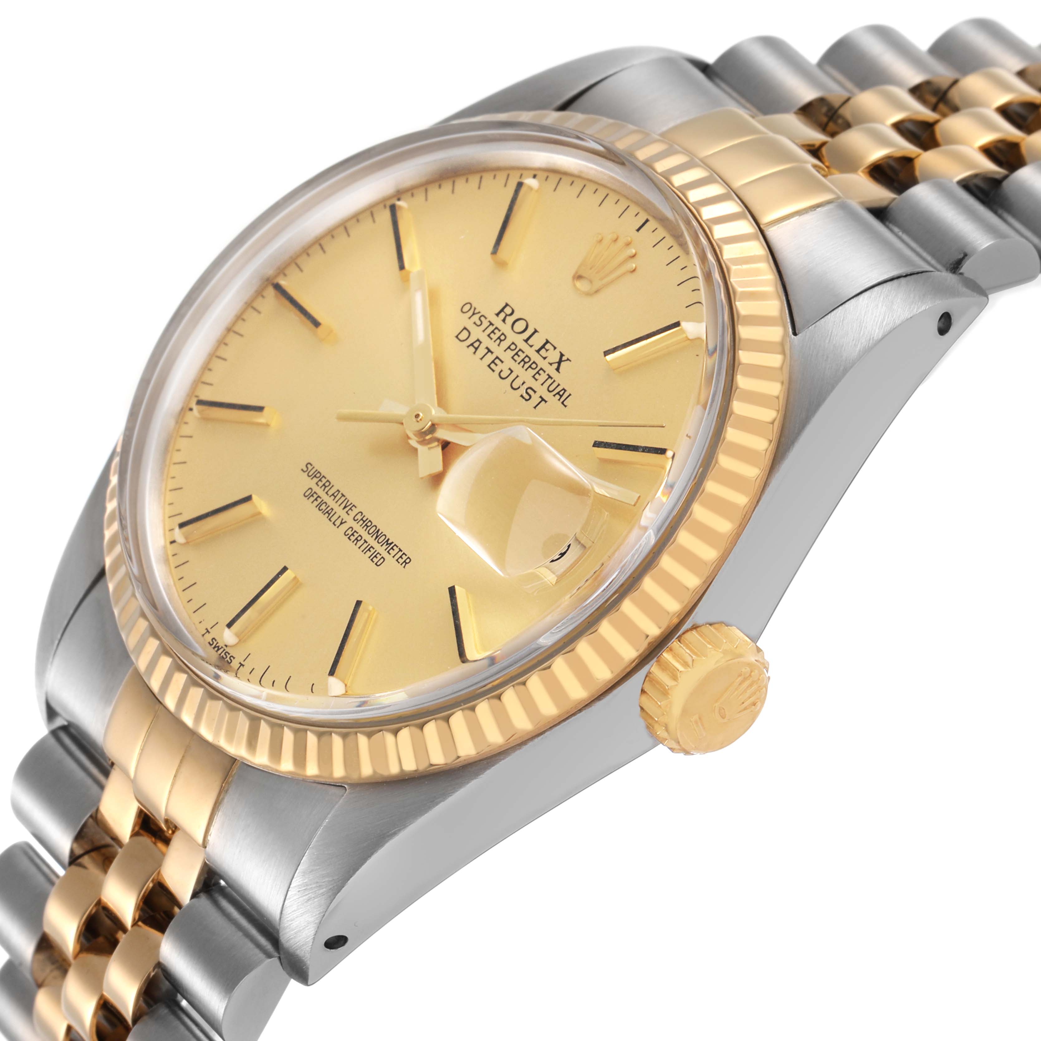 The Rolex Datejust 16013 Men's Steel and Gold (two tone) Champagne Dial watch is shown at an angled side view, highlighting the gold bezel, crown, and bracelet links.