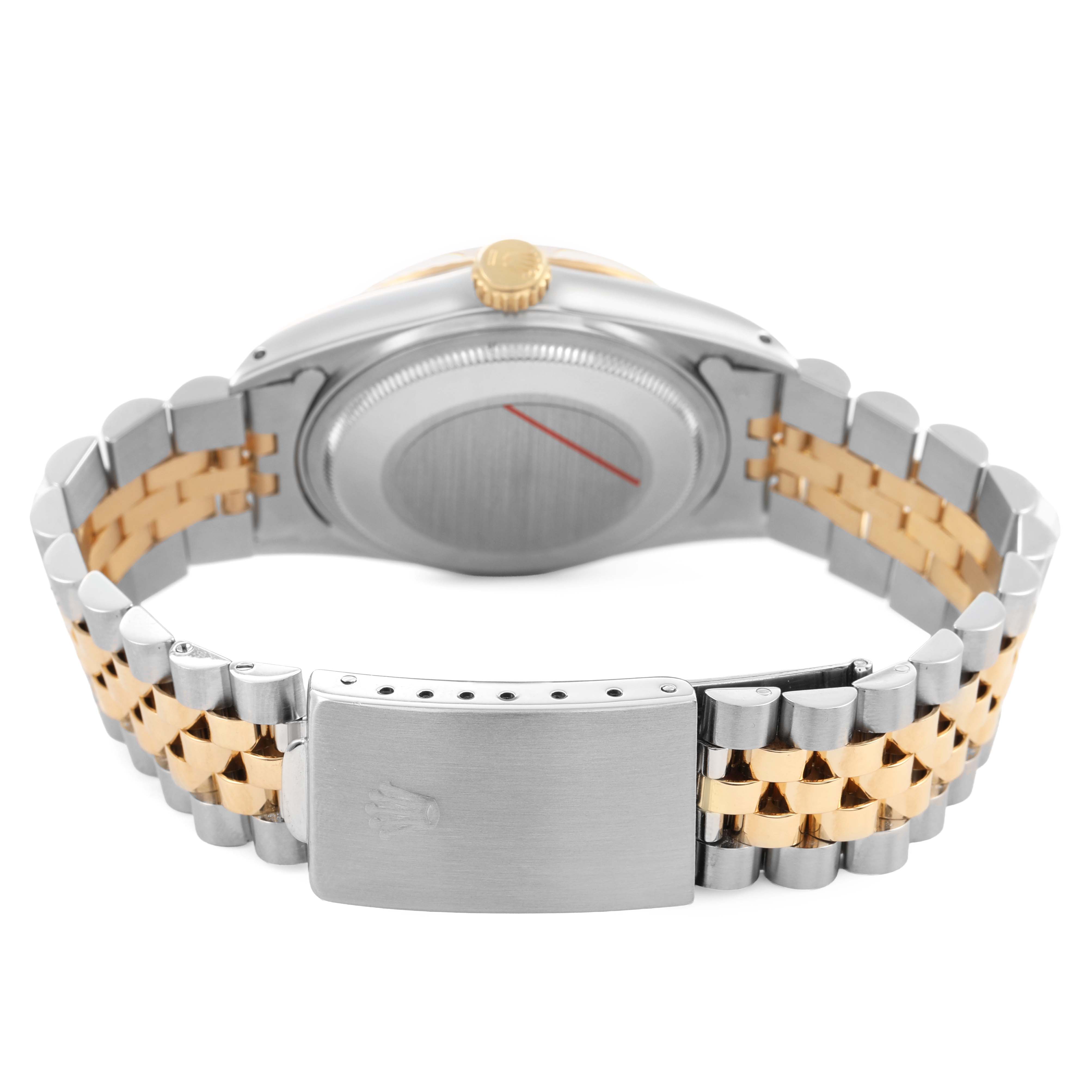 The image shows the back of the Rolex Datejust 16013 Men's Steel and Gold (two tone) Champagne Dial, focusing on the clasp, bracelet, and case back.