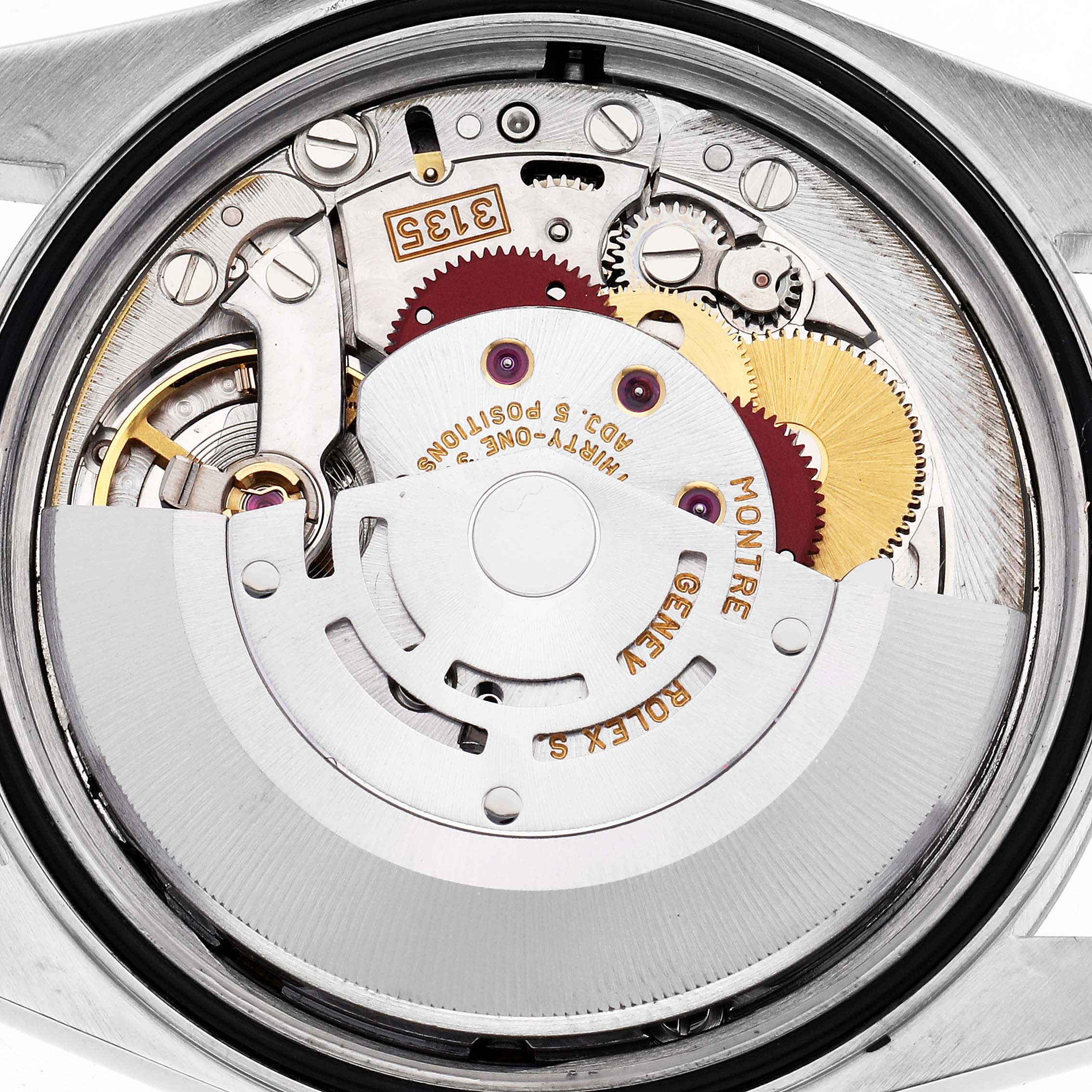 The image shows the movement of a Rolex Datejust 16233 Men
s Steel and Gold (two tone) Yellow Dial 16233 Men
s Steel and Gold (two tone) Yellow Dial watch from a back view, highlighting its intricate mechanical components.