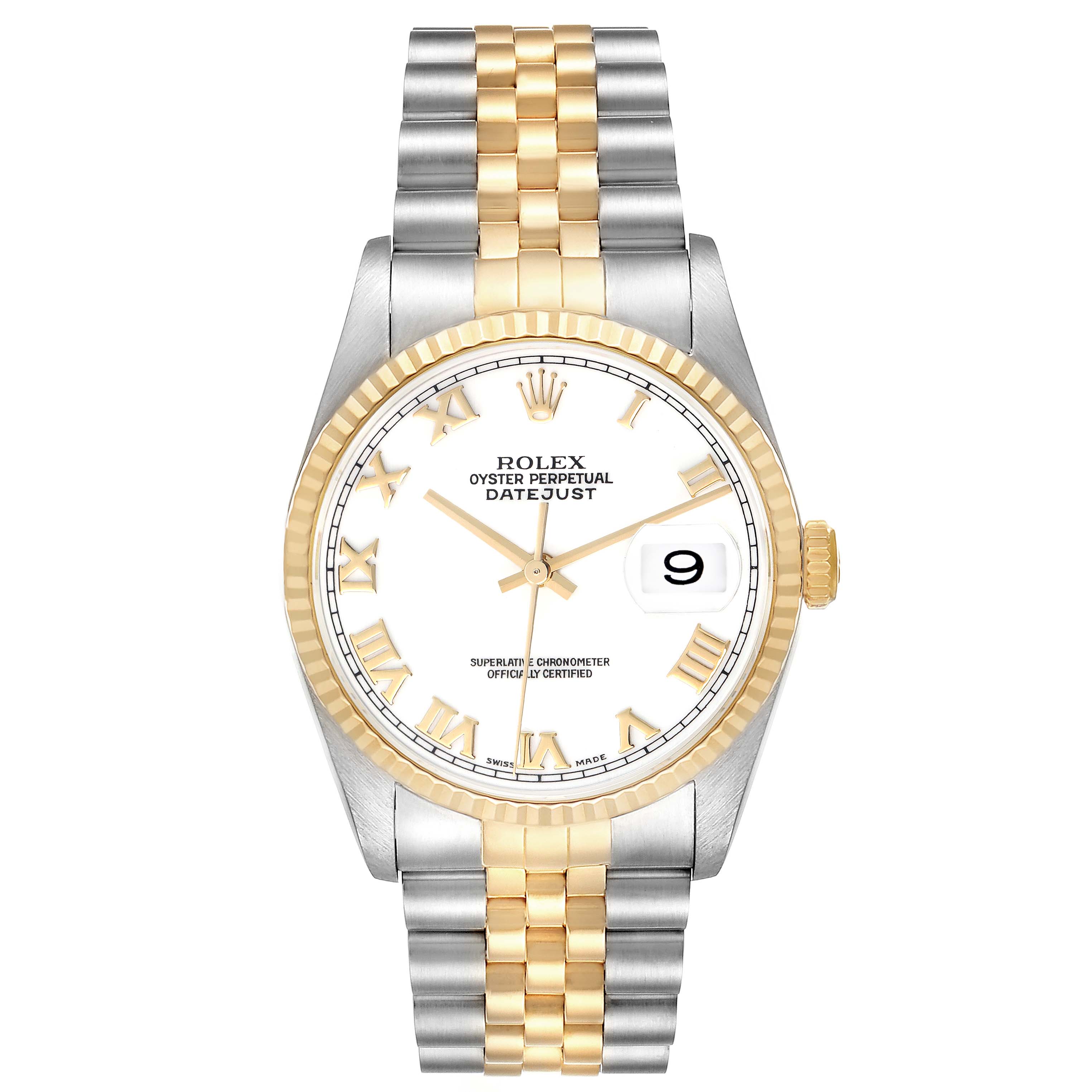 The Rolex Datejust 16233 Men
s Steel and Gold (two tone) Yellow Dial 16233 Men
s Steel and Gold (two tone) Yellow Dial watch is shown from a top-down angle, featuring a two-tone bracelet, fluted bezel, and white dial with Roman numerals.