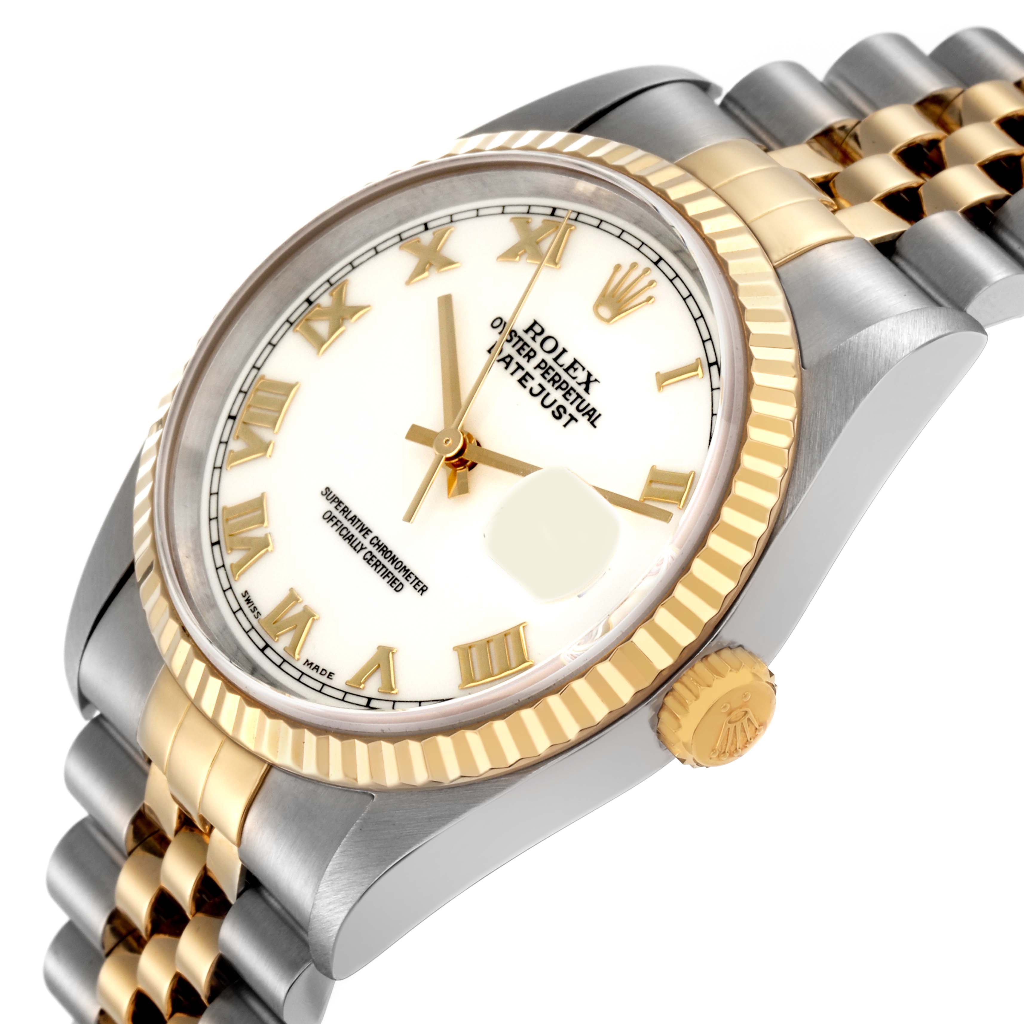 The Rolex Datejust 16233 Men
s Steel and Gold (two tone) Yellow Dial 16233 Men
s Steel and Gold (two tone) Yellow Dial is shown at an angle displaying the face, bezel, crown, and part of the bracelet.