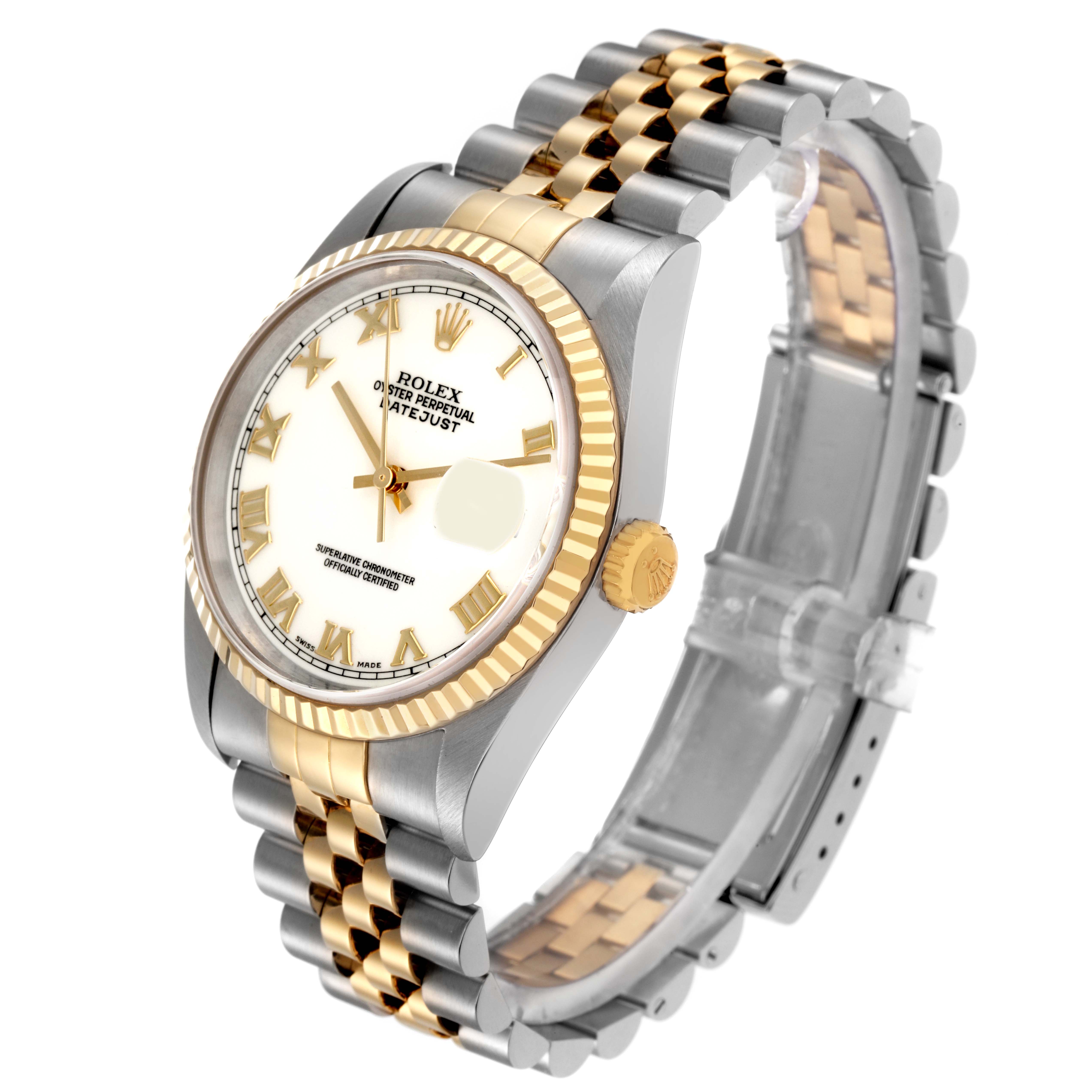 The Rolex Datejust 16233 Men
s Steel and Gold (two tone) Yellow Dial 16233 Men
s Steel and Gold (two tone) Yellow Dial watch is shown at a three-quarter angle, highlighting the bezel, dial, crown, and Jubilee bracelet.