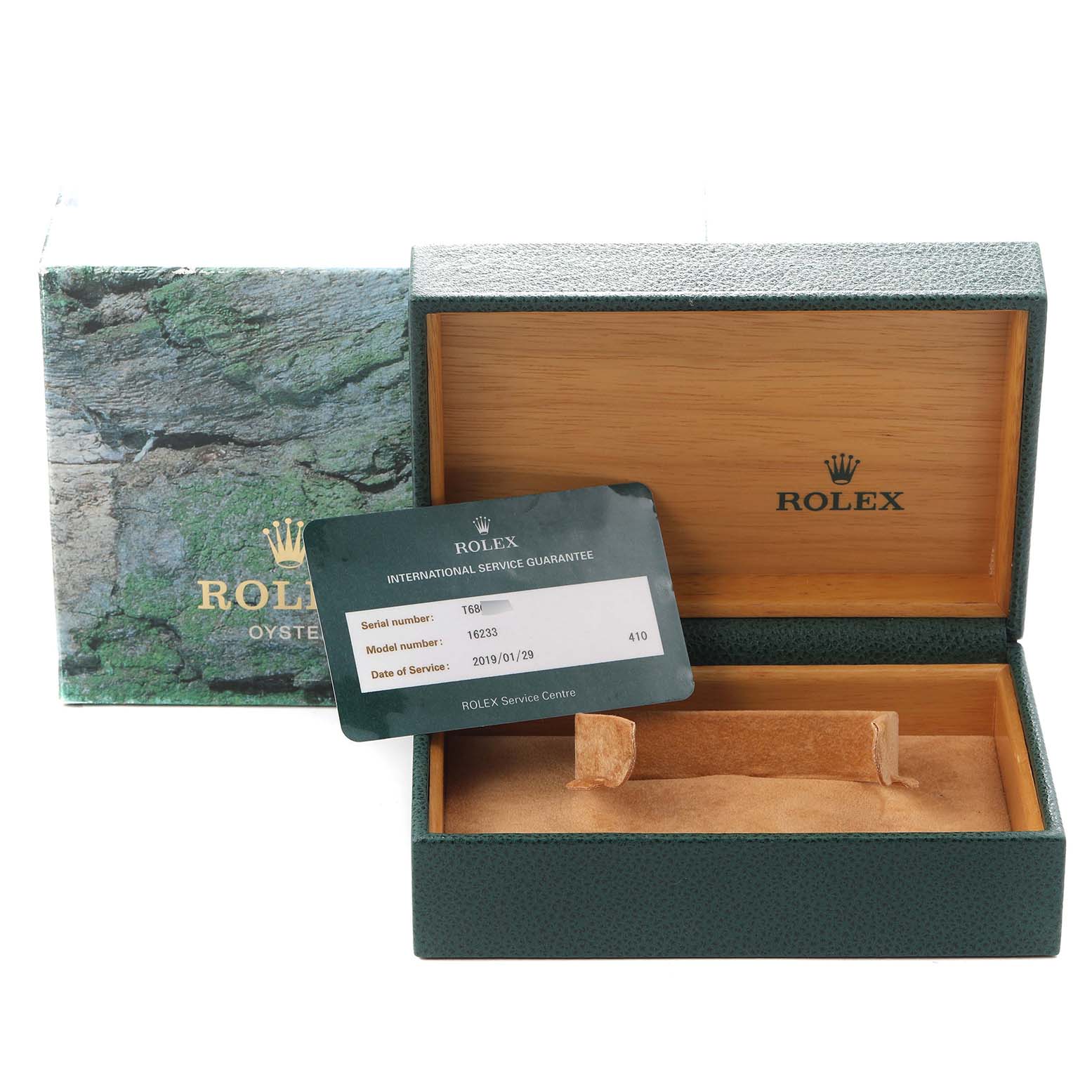 The image shows a Rolex Datejust 16233 Men
s Steel and Gold (two tone) Yellow Dial 16233 Men
s Steel and Gold (two tone) Yellow Dial box, service card, and outer packaging from a top-front angle.