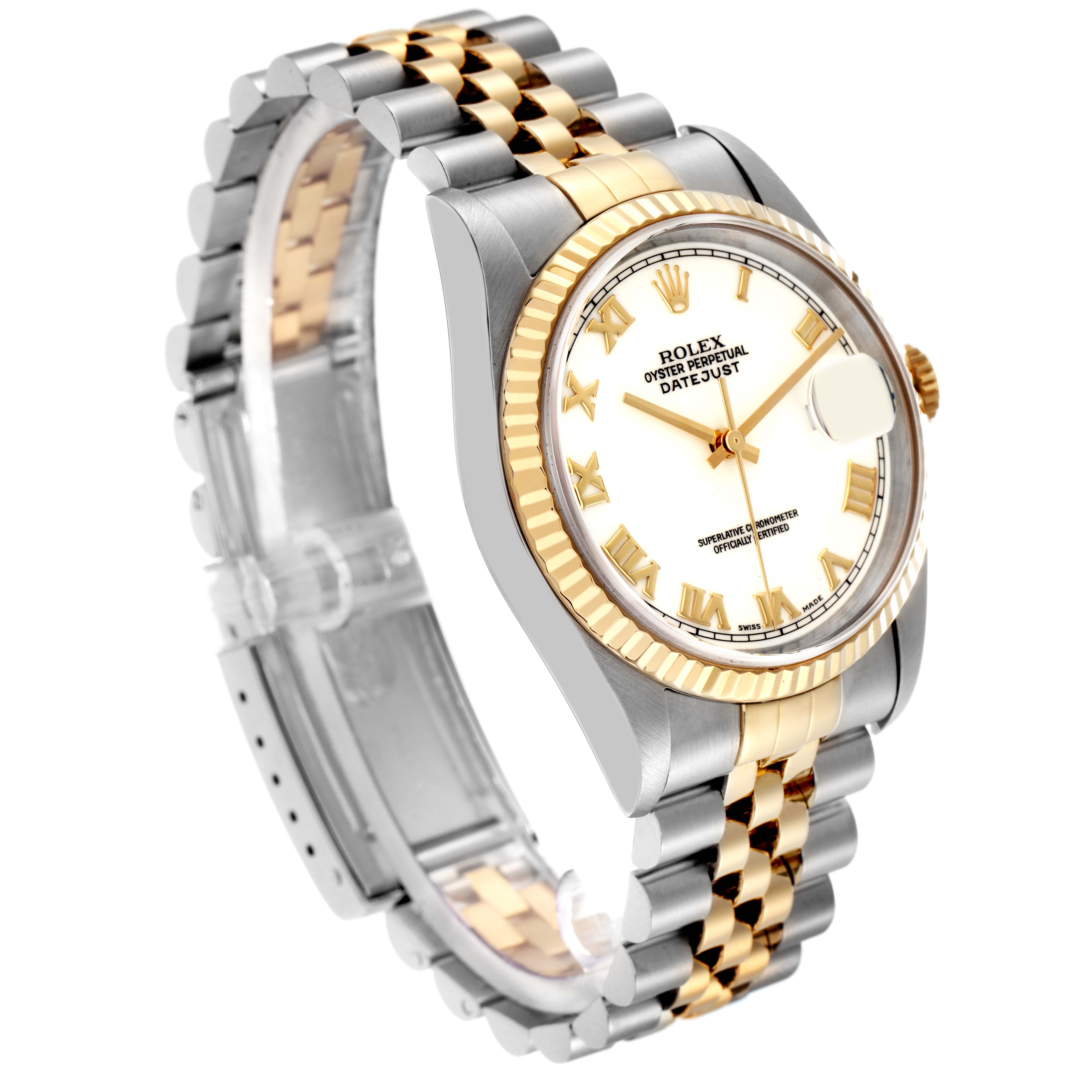 The Rolex Datejust 16233 Men
s Steel and Gold (two tone) Yellow Dial 16233 Men
s Steel and Gold (two tone) Yellow Dial watch is shown at a three-quarter angle, highlighting the dial, bezel, and jubilee bracelet.