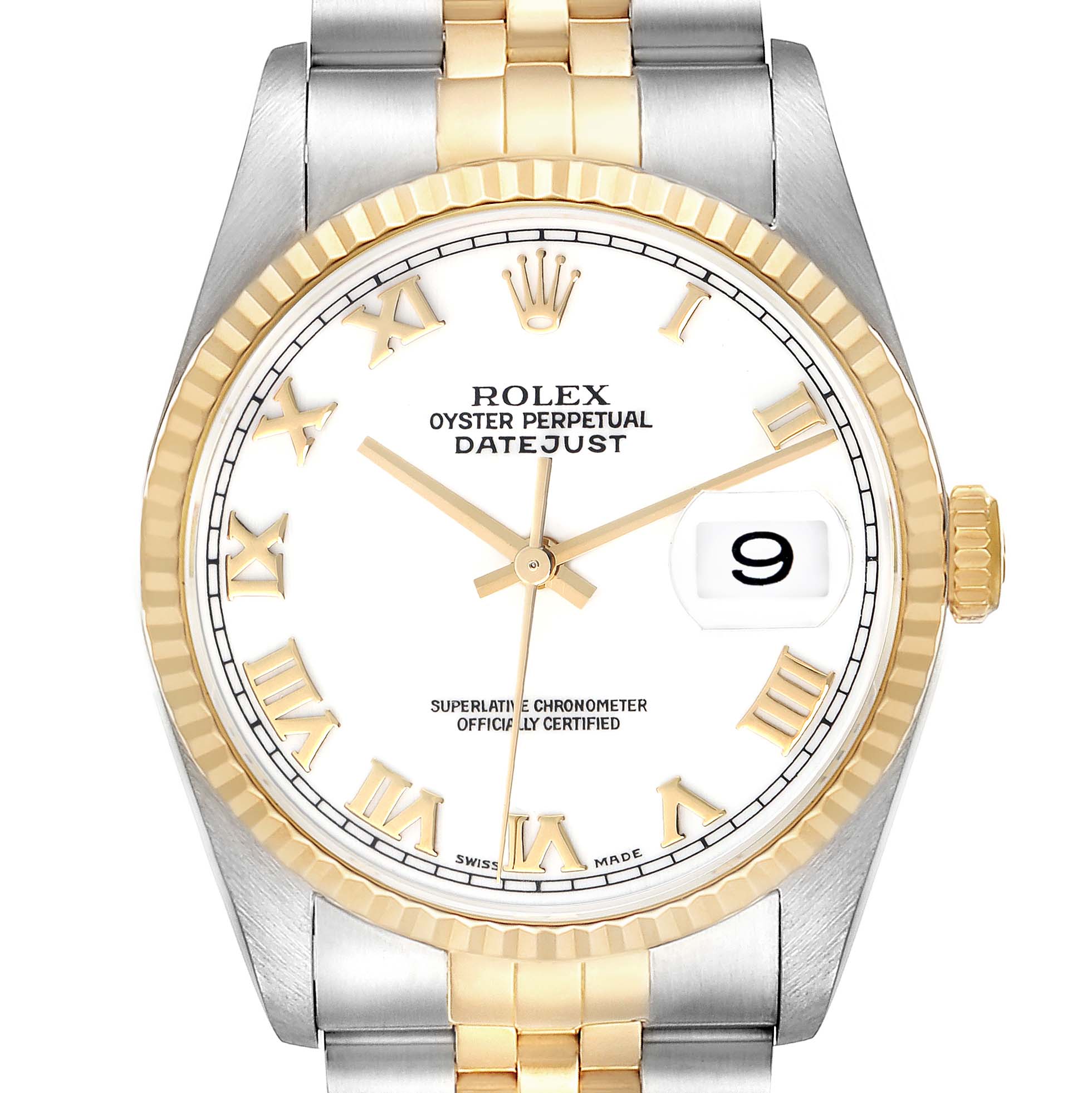 The image shows a front view of the Rolex Datejust 16233 Men
s Steel and Gold (two tone) Yellow Dial 16233 Men
s Steel and Gold (two tone) Yellow Dial watch, highlighting its dial, bezel, and part of the bracelet.