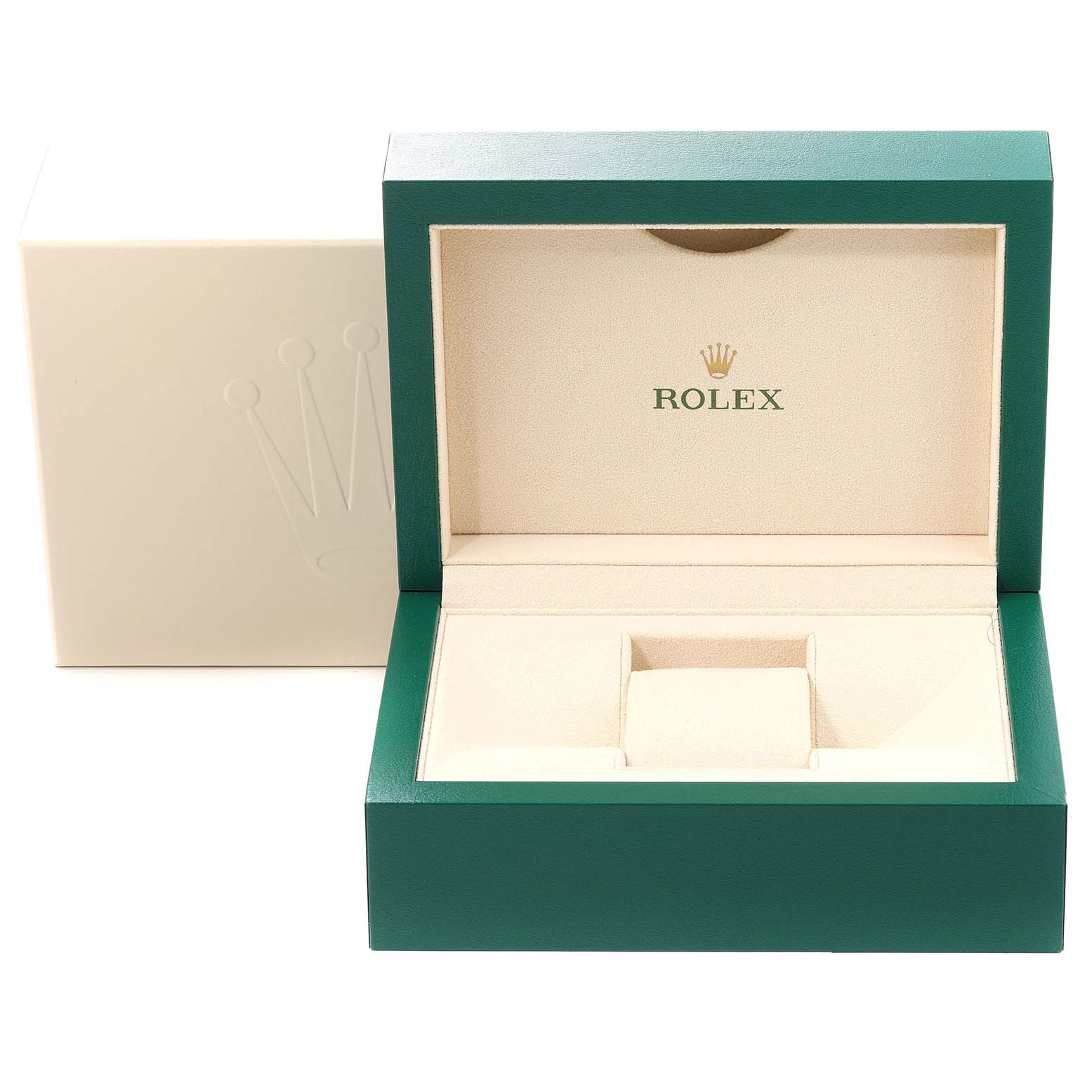 This image shows an open green and beige Rolex Datejust 41 126331 Men's Steel and Gold (two tone) Pink Dial 126331 Men's Steel and Gold (two tone) Pink Dial watch box from a frontal angle.