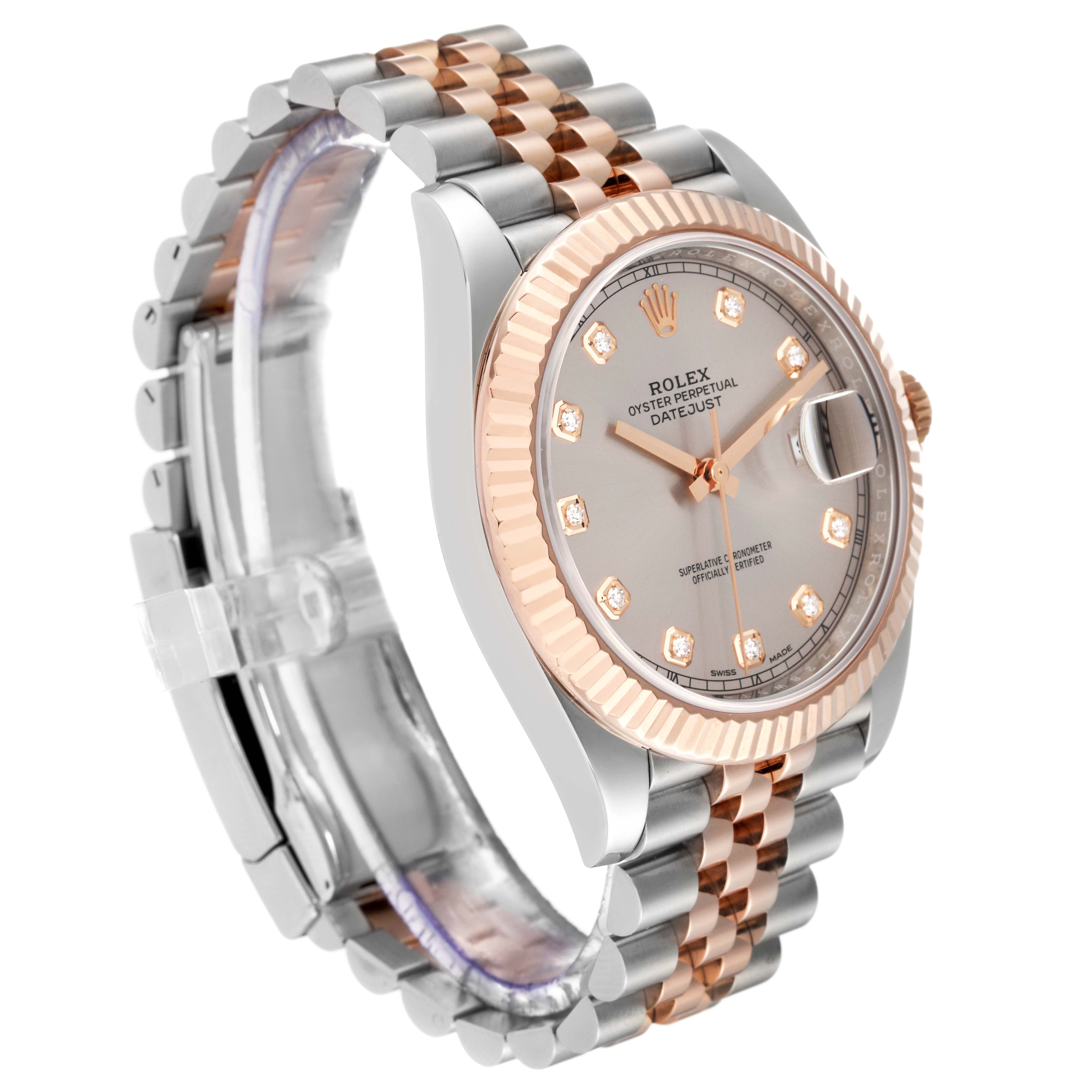 The Rolex Datejust 41 126331 Men's Steel and Gold (two tone) Pink Dial 126331 Men's Steel and Gold (two tone) Pink Dial watch is shown at a slight angle, displaying the face, bezel, and two-tone bracelet.