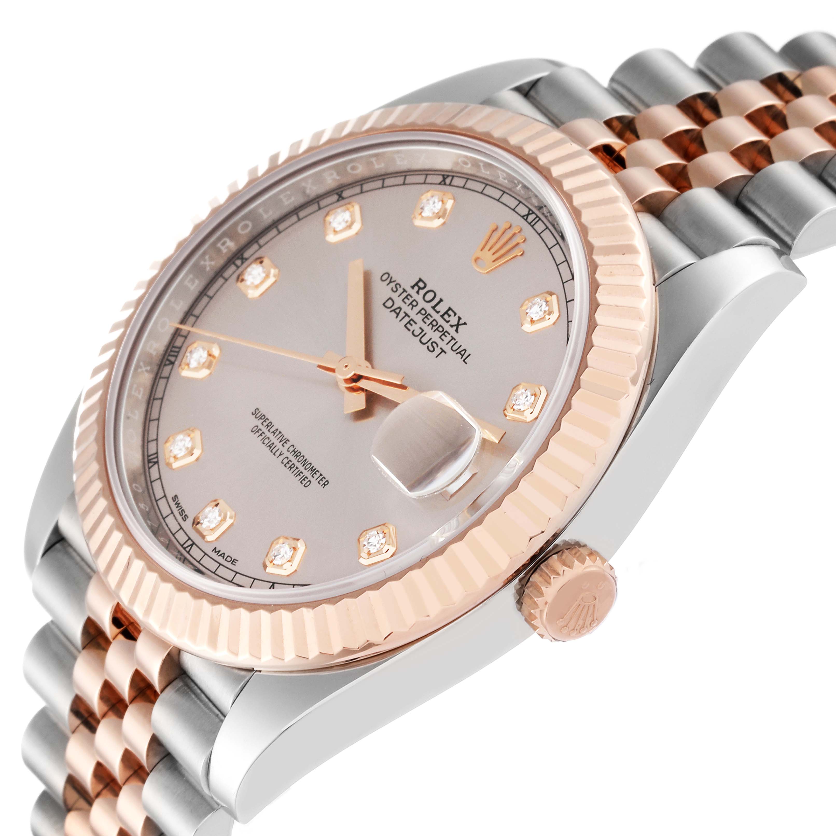 The image shows a Rolex Datejust 41 126331 Men's Steel and Gold (two tone) Pink Dial 126331 Men's Steel and Gold (two tone) Pink Dial watch angled from the front-left, highlighting the dial, bezel, and part of the bracelet.