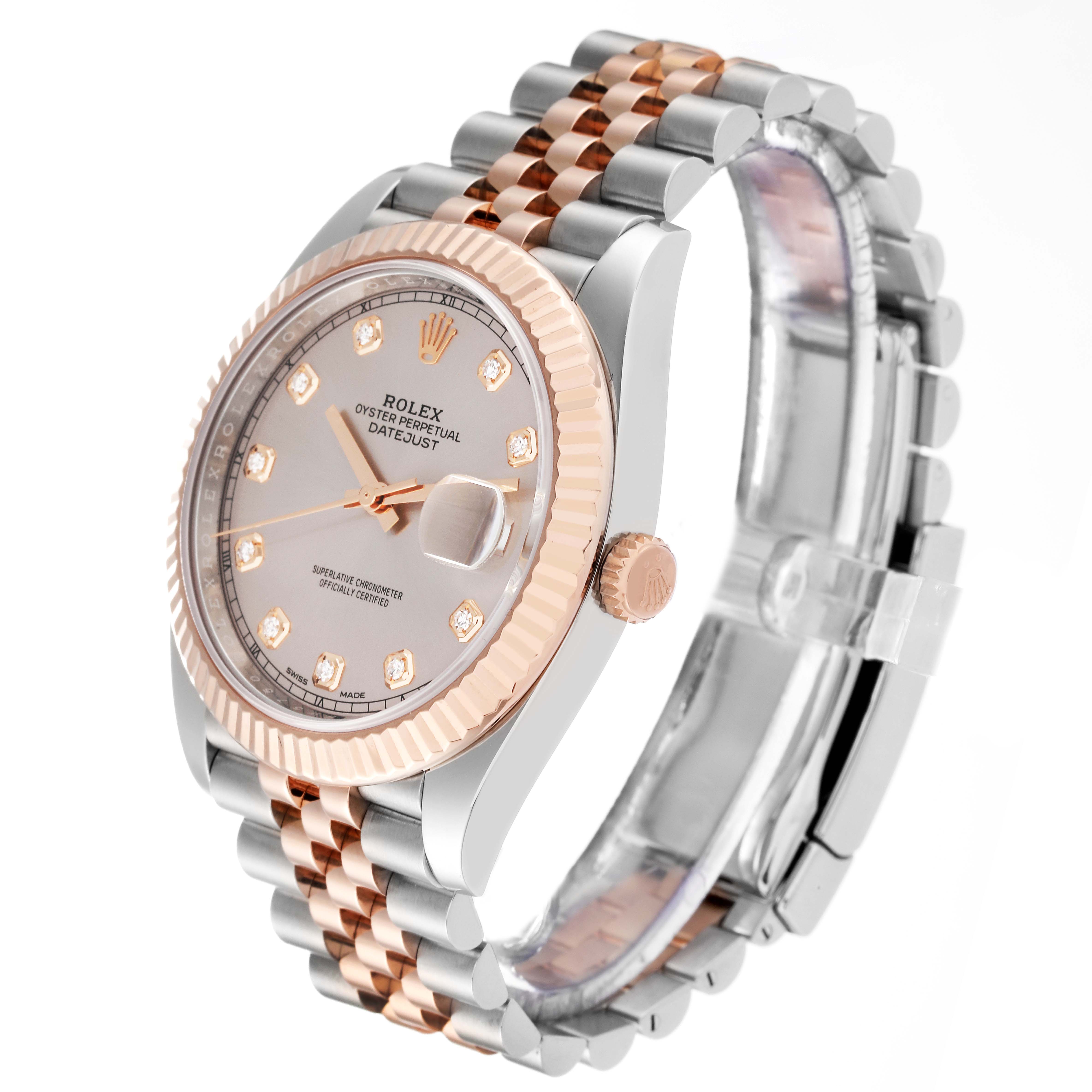 The image shows a Rolex Datejust 41 126331 Men's Steel and Gold (two tone) Pink Dial 126331 Men's Steel and Gold (two tone) Pink Dial watch at an angled side view, highlighting its dial, bezel, crown, and jubilee bracelet.