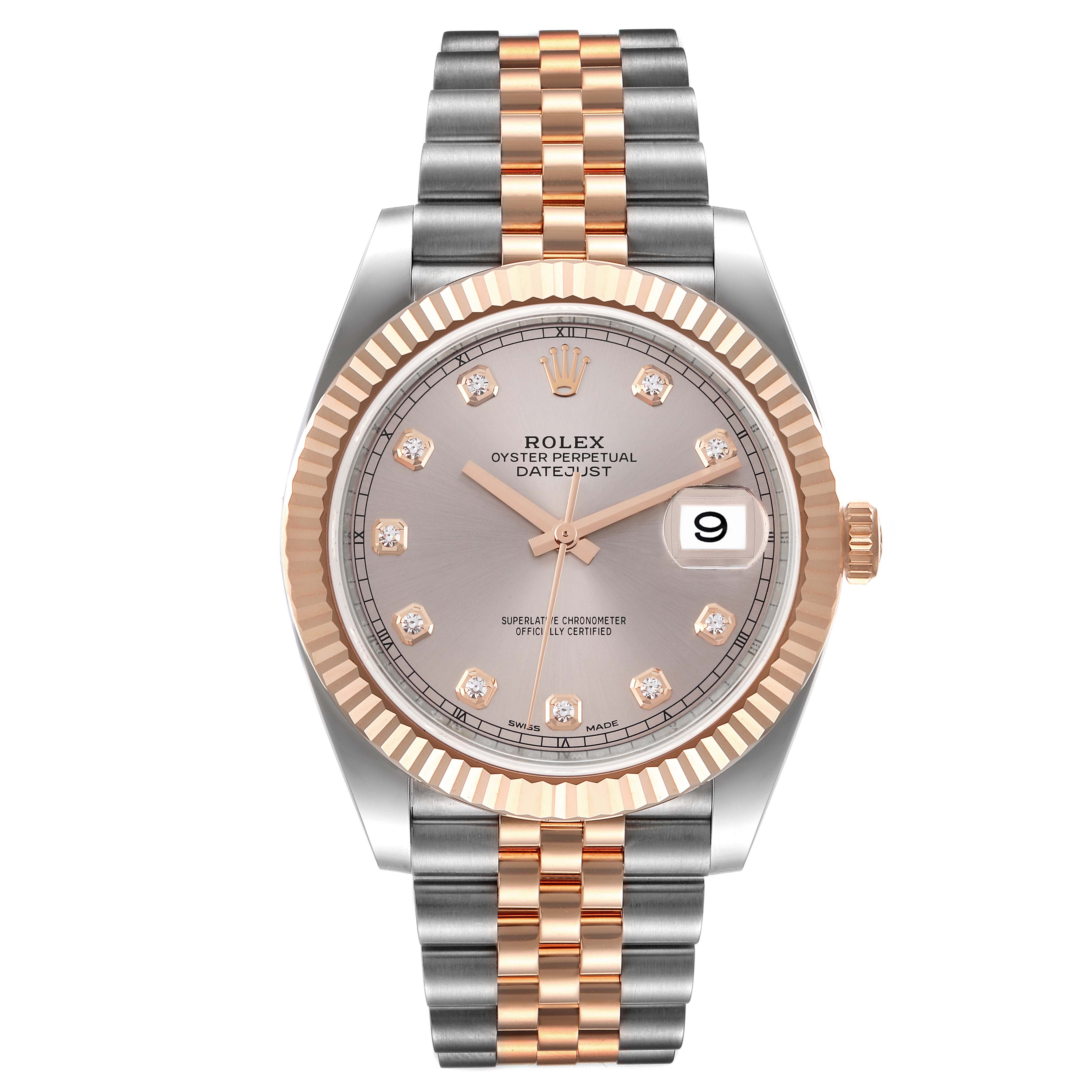 The Rolex Datejust 41 126331 Men's Steel and Gold (two tone) Pink Dial 126331 Men's Steel and Gold (two tone) Pink Dial is shown from a front angle, displaying its face, bezel, and bracelet.
