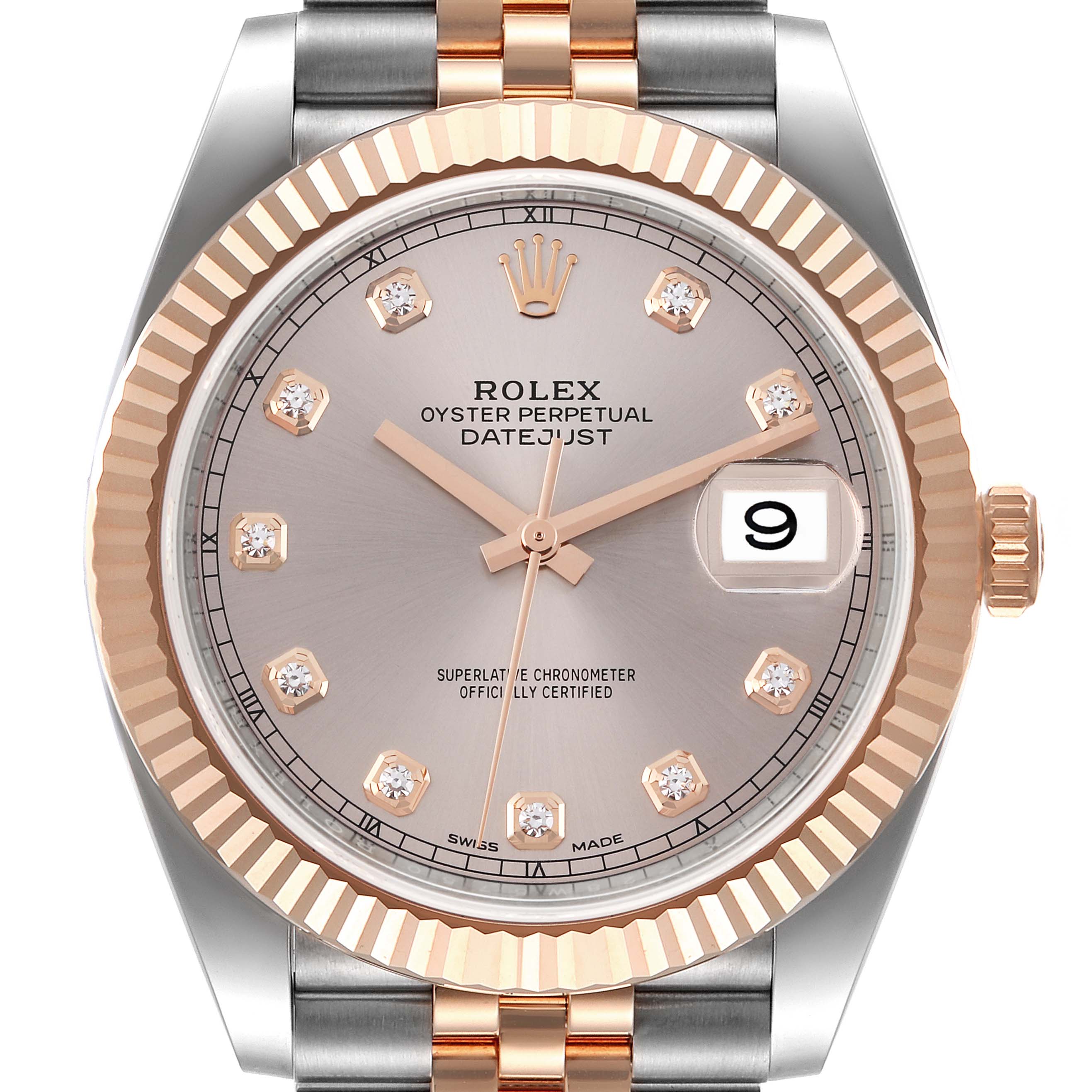 The Rolex Datejust 41 126331 Men's Steel and Gold (two tone) Pink Dial 126331 Men's Steel and Gold (two tone) Pink Dial watch is shown from a front angle, highlighting its dial, bezel, and part of the bracelet.