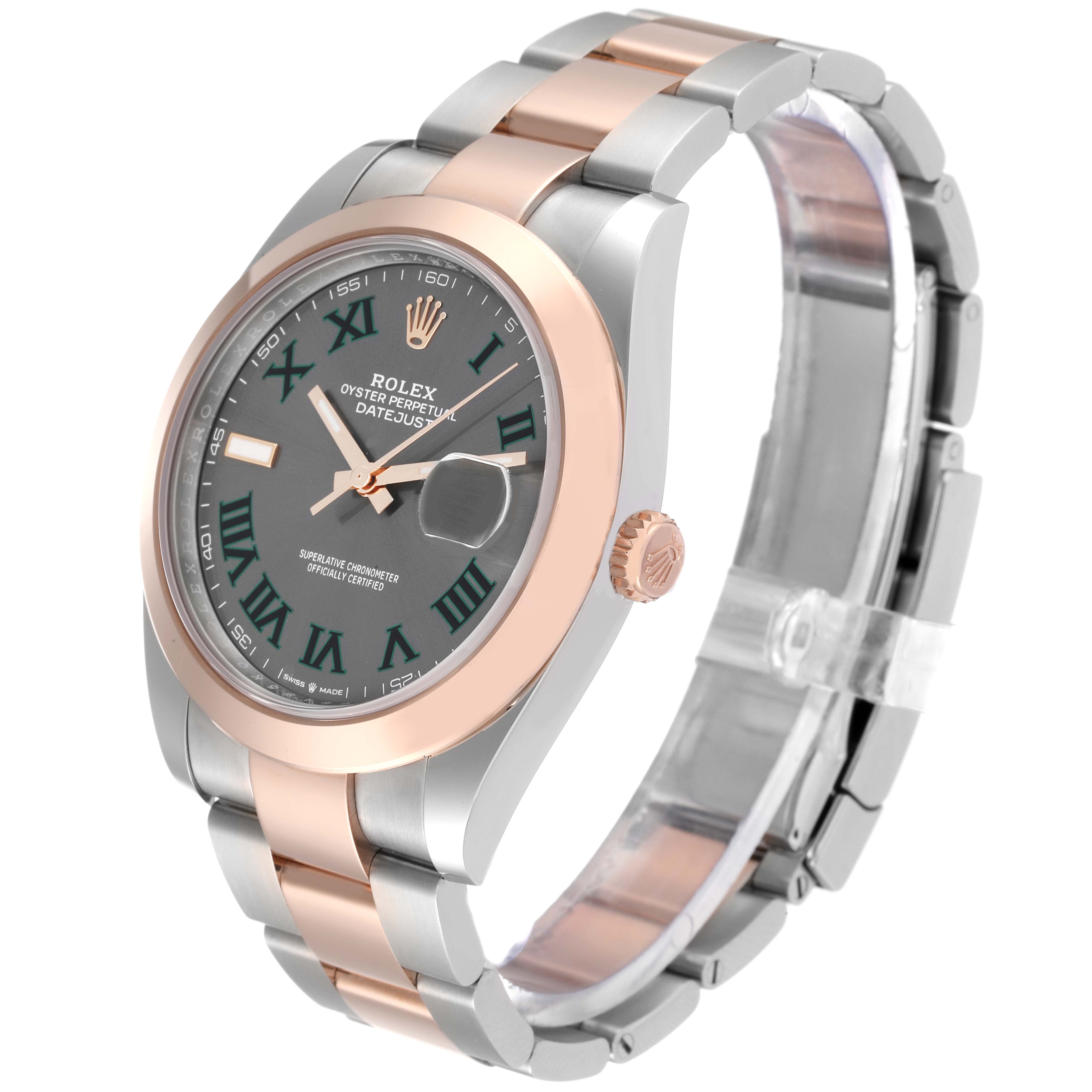 This image shows a Rolex Datejust 41 126301 Men's Steel and Gold (two tone) Grey Dial 126301 Men's Steel and Gold (two tone) Grey Dial model watch angled to display its face, bezel, crown, and bracelet.