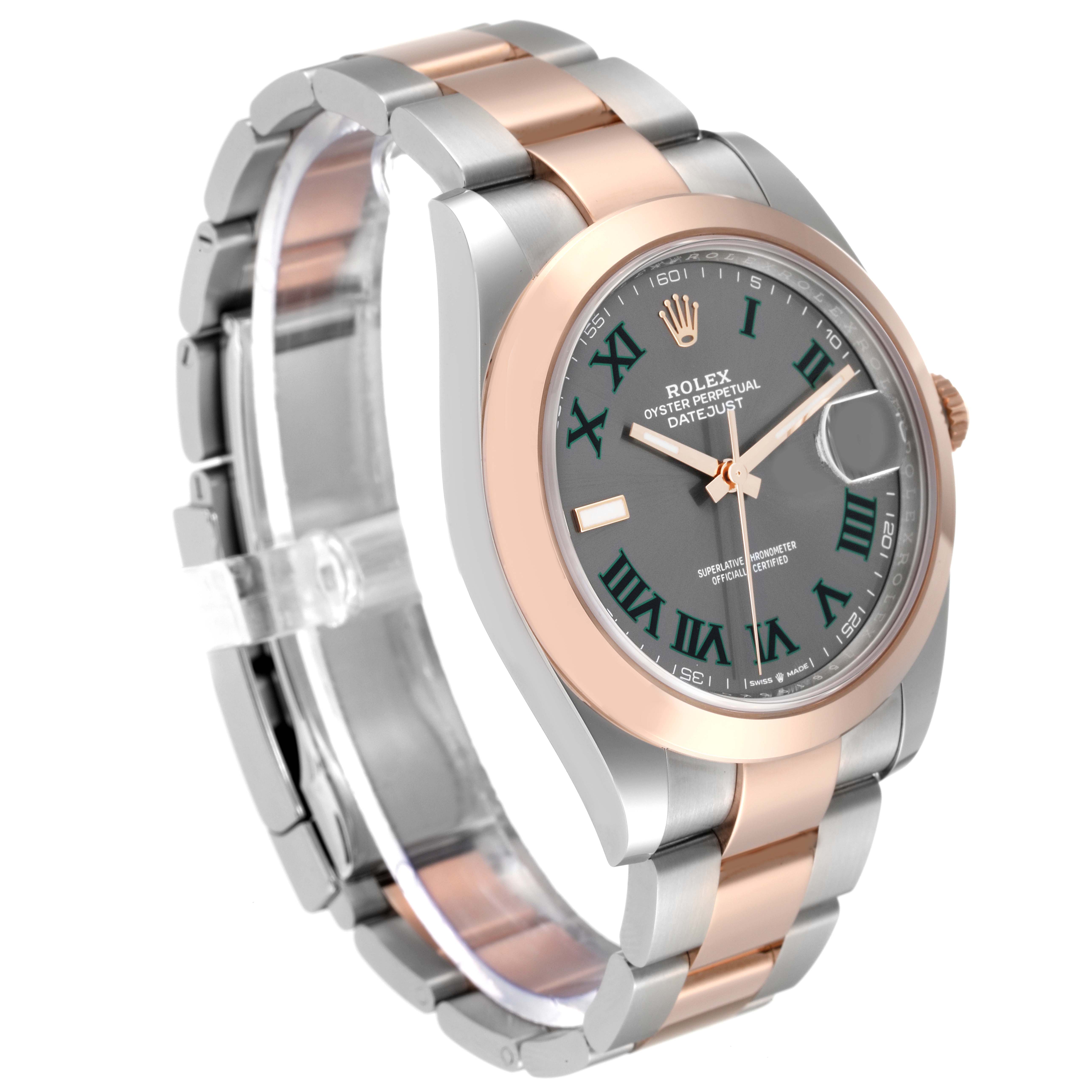 The image shows a Rolex Datejust 41 126301 Men's Steel and Gold (two tone) Grey Dial 126301 Men's Steel and Gold (two tone) Grey Dial watch from an angled side view, highlighting its face, bezel, and bracelet.