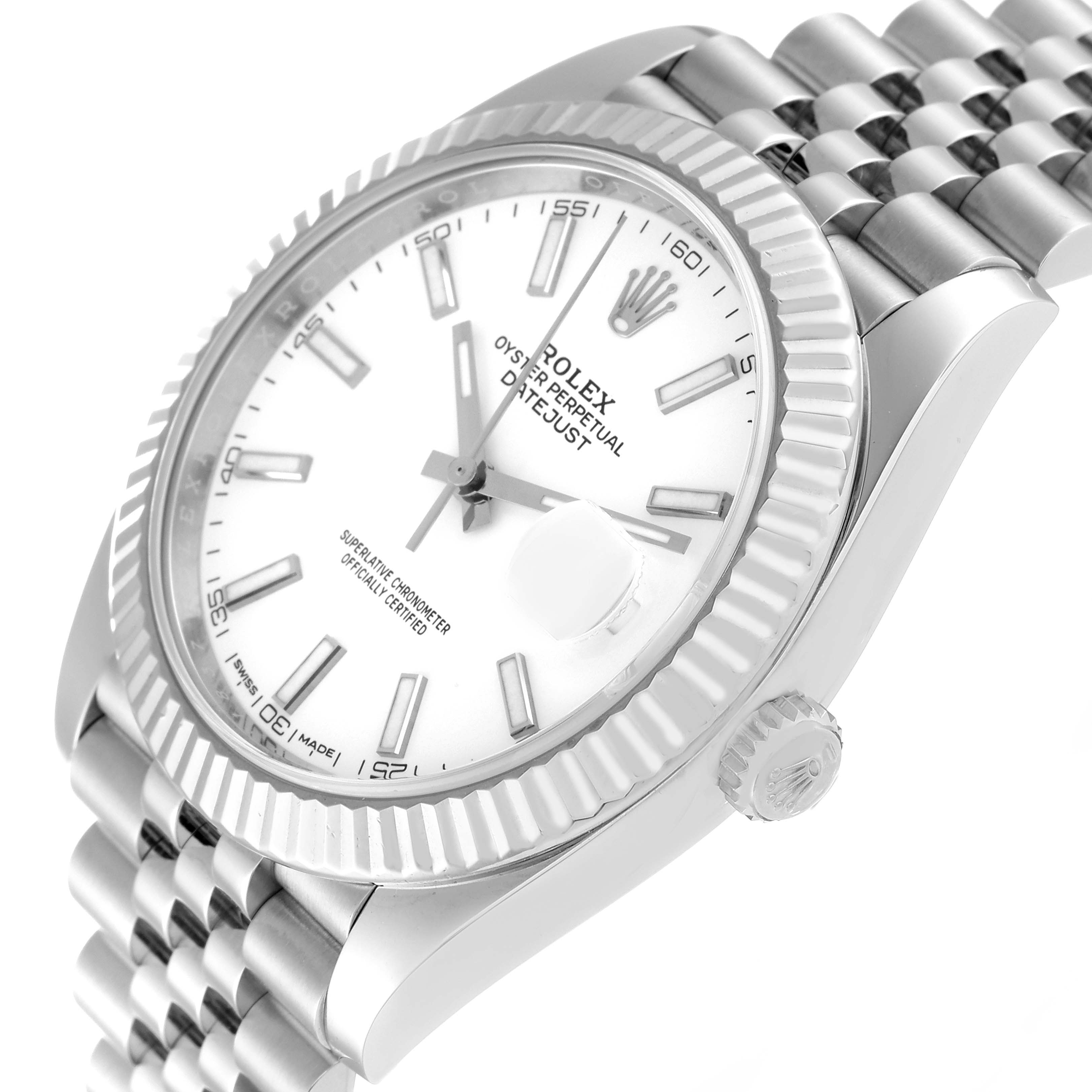 The image shows a Rolex Datejust 41 126334 Men's Stainless Steel White Dial 126334 Men's Stainless Steel White Dial watch at an angled close-up, featuring the face, bezel, crown, and a portion of the bracelet.