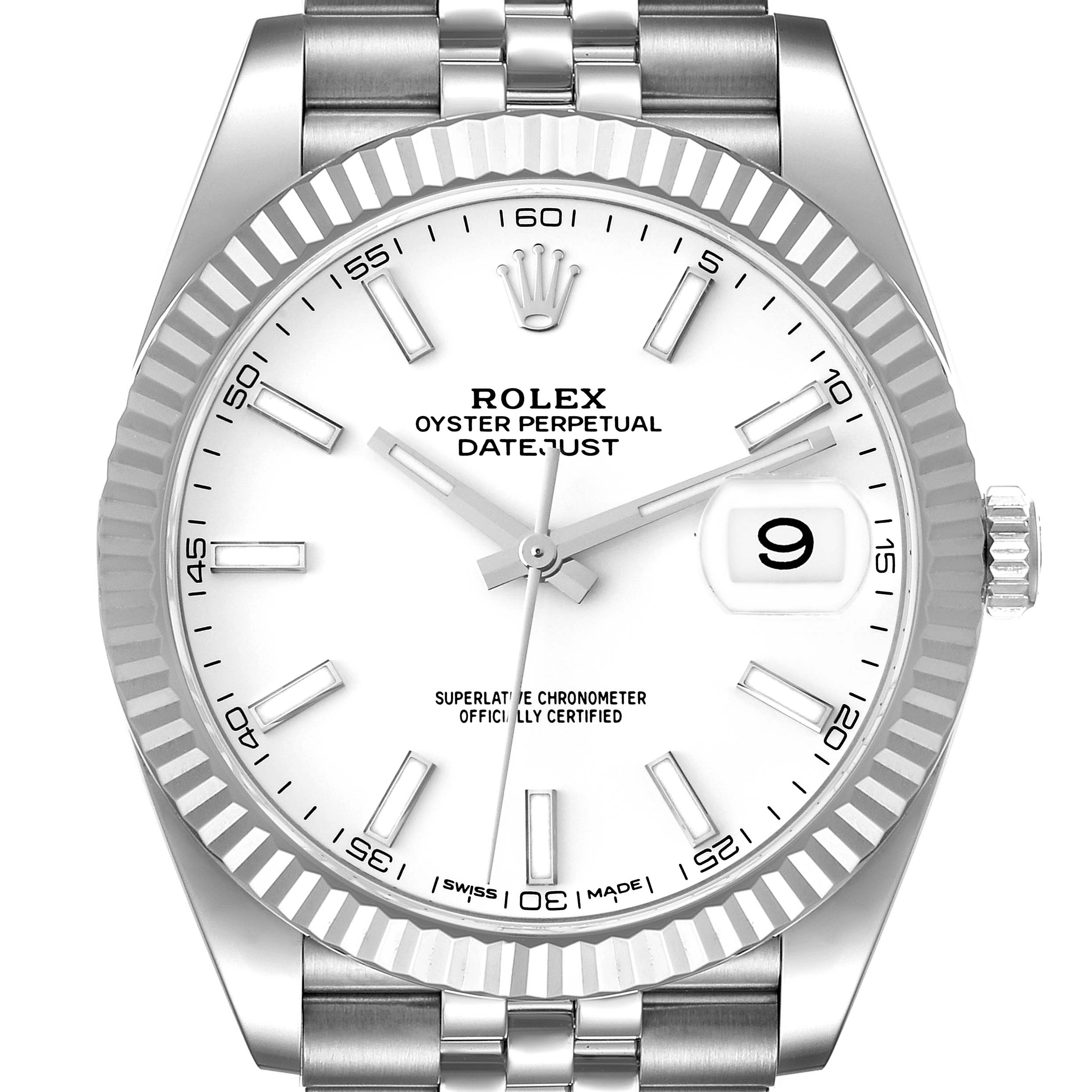 The image shows a front view of a Rolex Datejust 41 126334 Men's Stainless Steel White Dial 126334 Men's Stainless Steel White Dial watch, displaying its dial, markers, hands, and part of its bracelet.