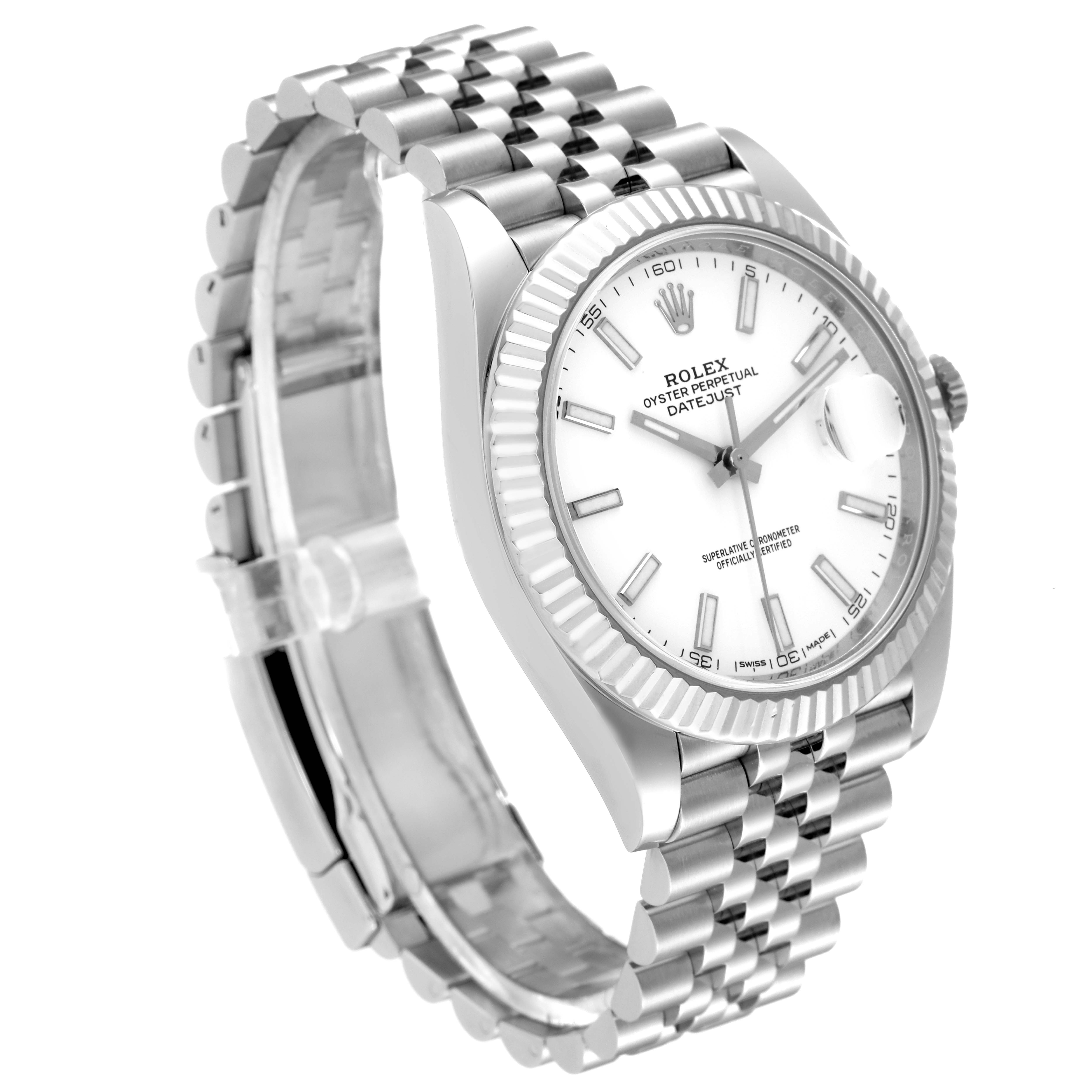 The image shows a Rolex Datejust 41 126334 Men's Stainless Steel White Dial 126334 Men's Stainless Steel White Dial watch from a side angle, highlighting the face, bezel, and bracelet.