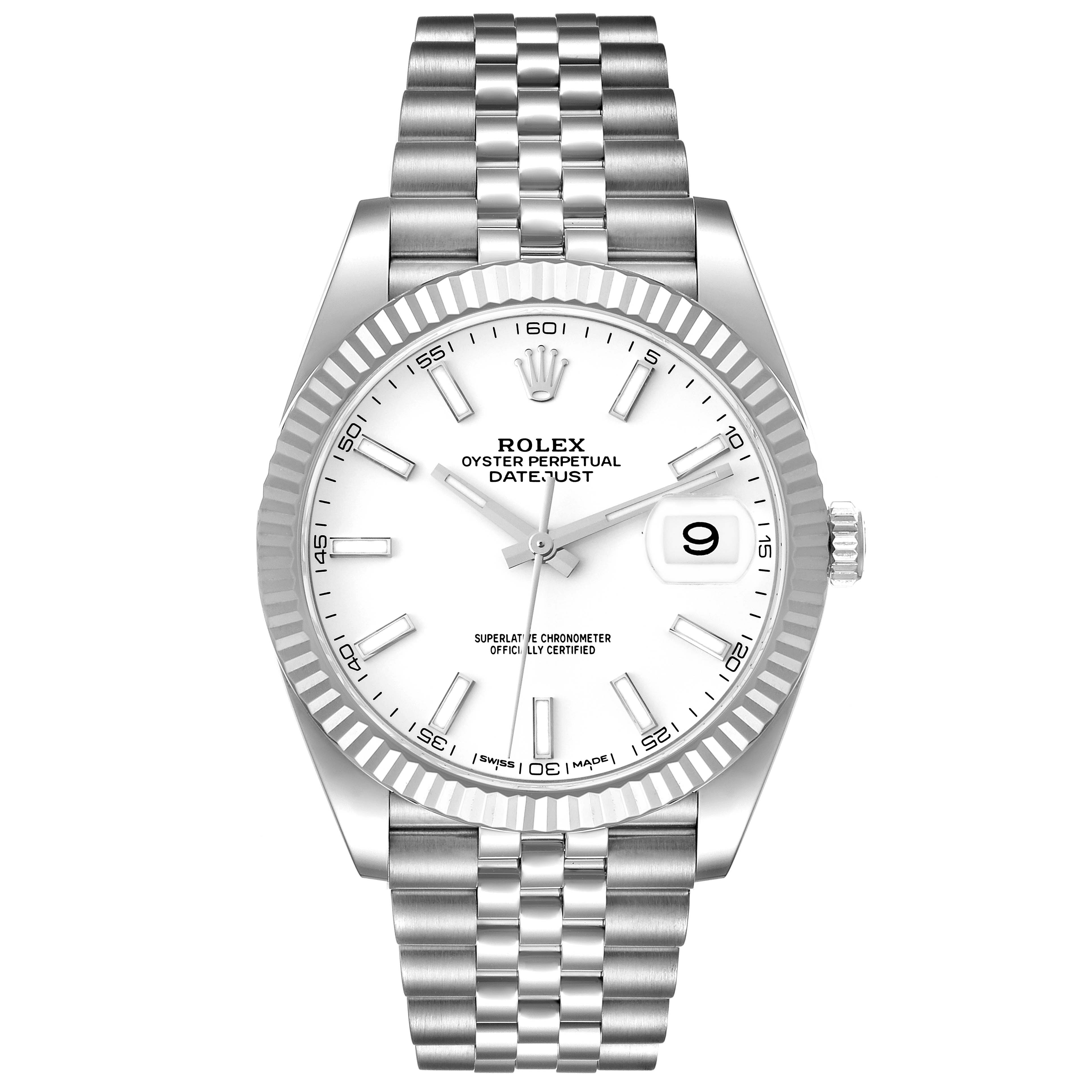 The image shows a front view of the Rolex Datejust 41 126334 Men's Stainless Steel White Dial 126334 Men's Stainless Steel White Dial model, highlighting its dial, bezel, and bracelet.