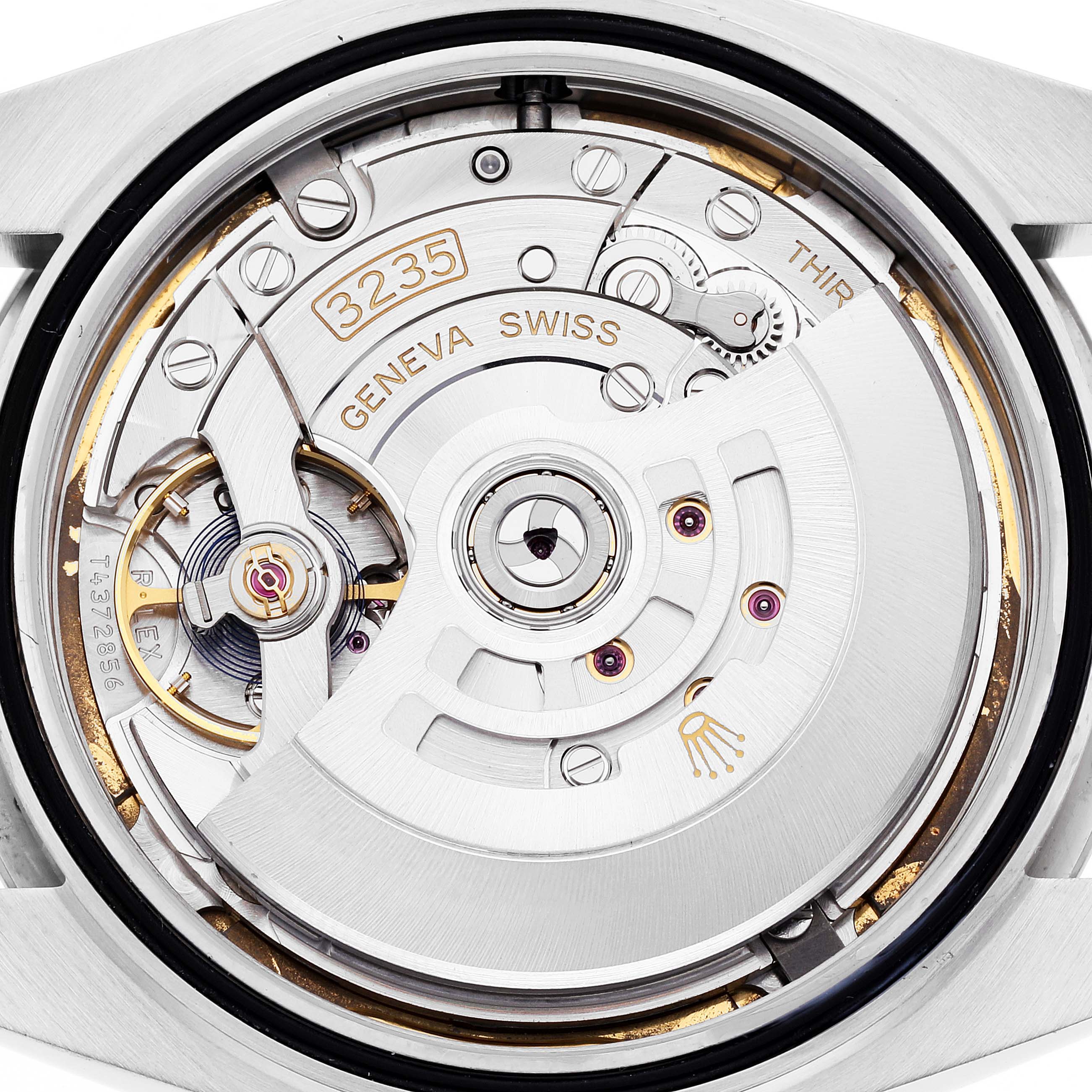 This image shows the movement and inner workings of a Rolex Datejust 41 126334 Men's Stainless Steel White Dial 126334 Men's Stainless Steel White Dial model from a back angle.