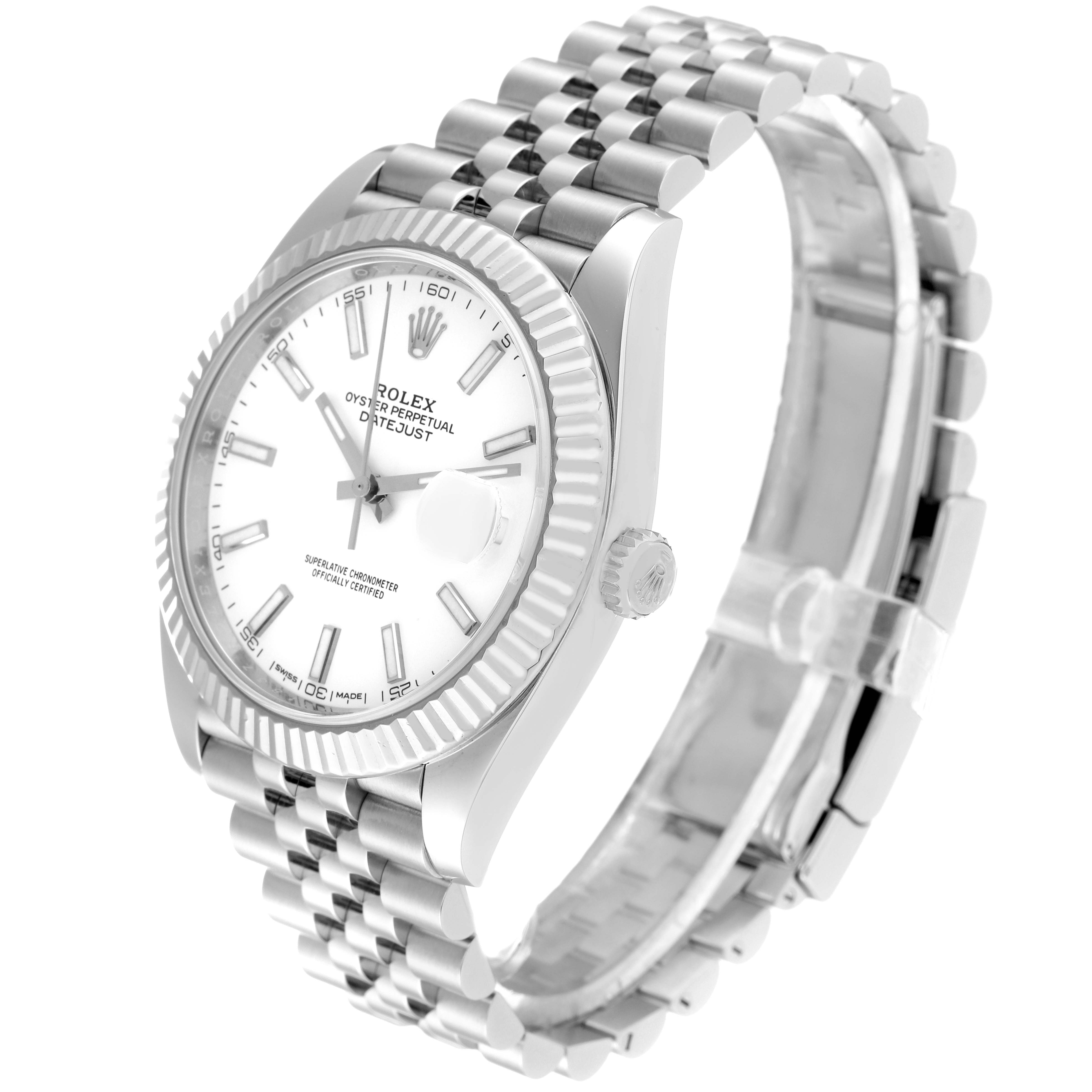 The Rolex Datejust 41 126334 Men's Stainless Steel White Dial 126334 Men's Stainless Steel White Dial watch is shown at a three-quarter angle, highlighting the dial, bezel, bracelet, and crown.