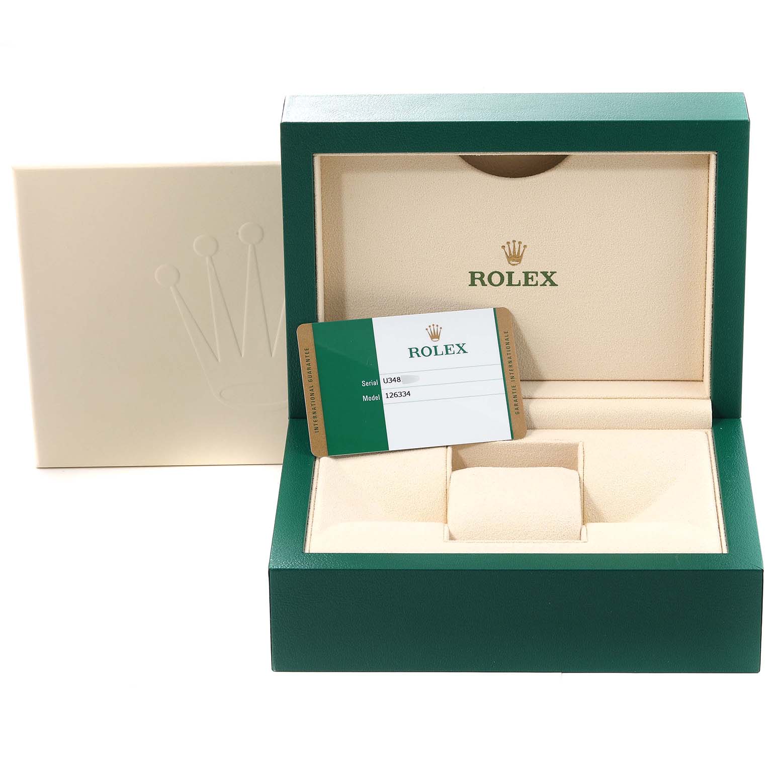 The image shows an open Rolex Datejust 41 126334 Men's Stainless Steel White Dial 126334 Men's Stainless Steel White Dial box with a warranty card and the inner cushion for the watch.