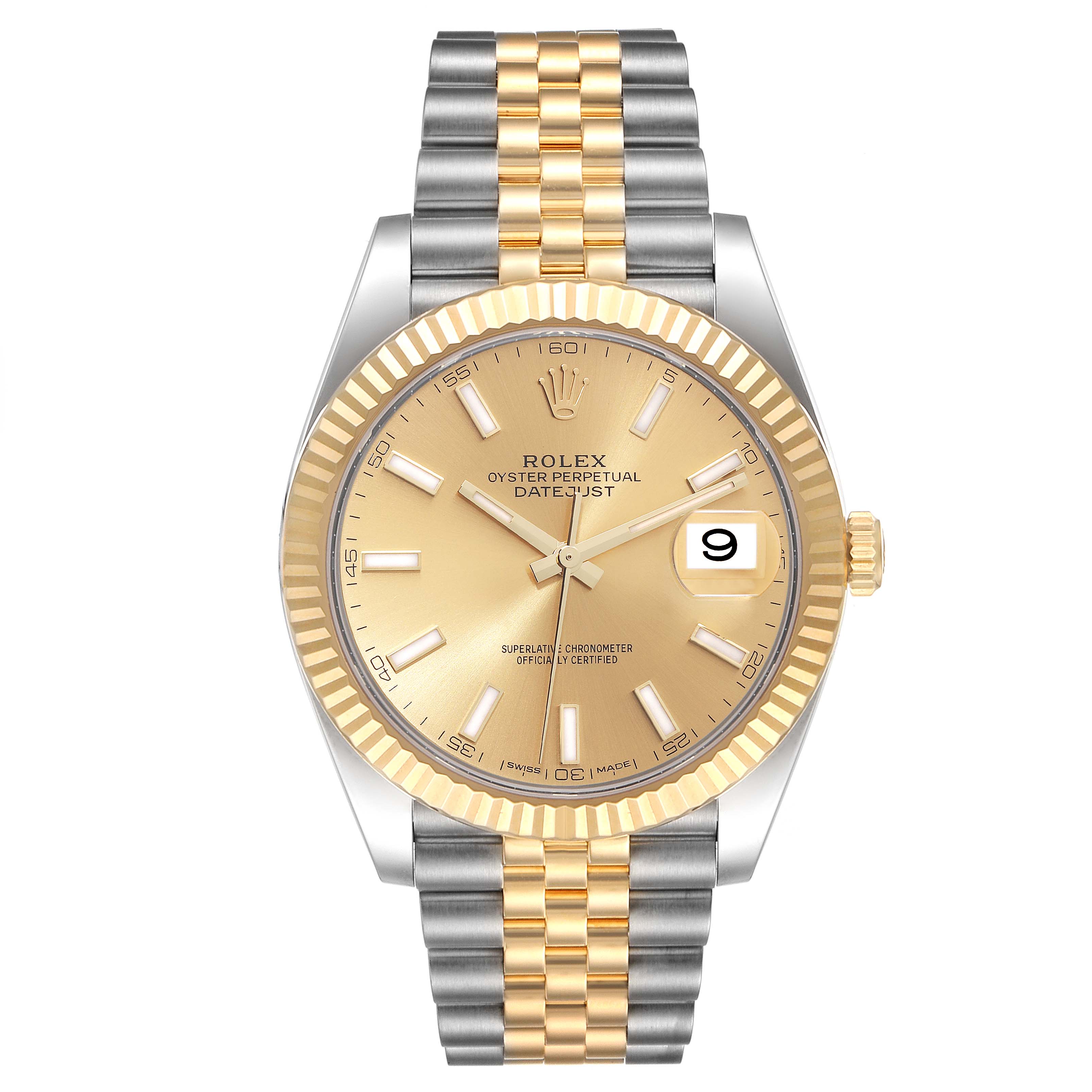 This image shows a frontal view of a Rolex Datejust 41 126333 Men's Steel and Gold (two tone) Champagne Dial 126333 Men's Steel and Gold (two tone) Champagne Dial with a two-tone bracelet and a champagne dial with a date window.