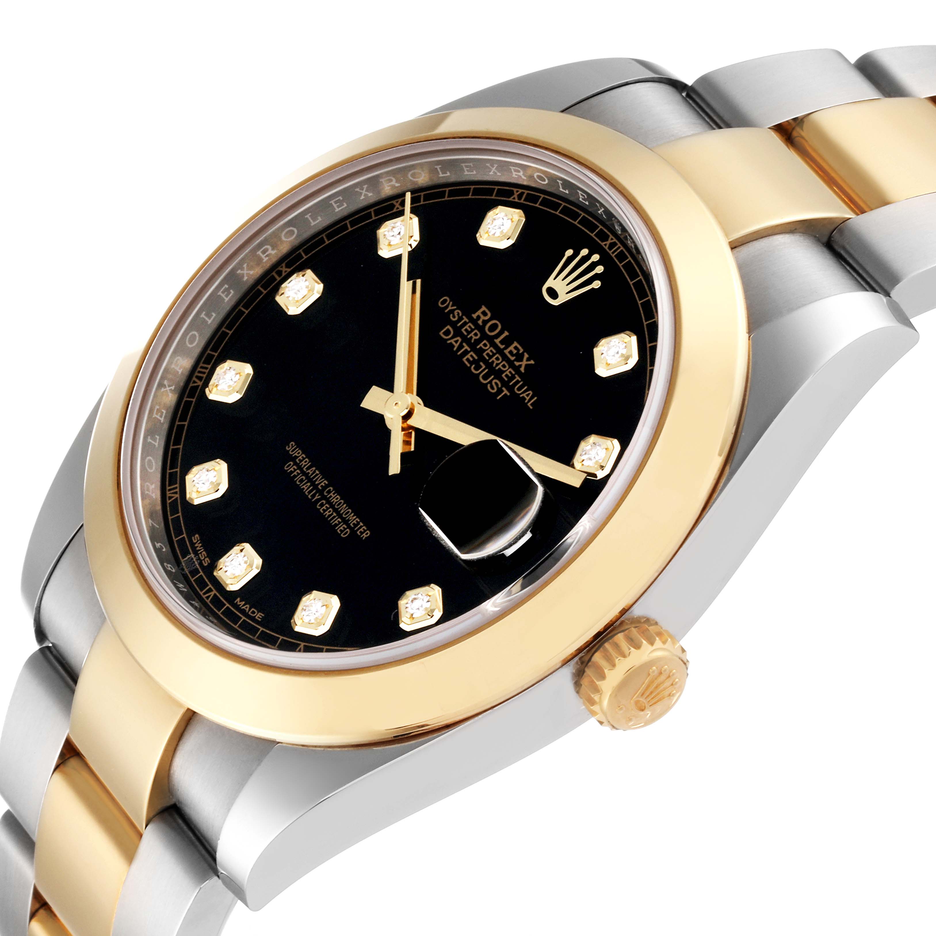 The image shows a Rolex Datejust 41 126303 Men's Steel and Gold (two tone) Black Dial 126303 Men's Steel and Gold (two tone) Black Dial from a slightly angled side view, highlighting the dial, bezel, crown, and part of the bracelet.