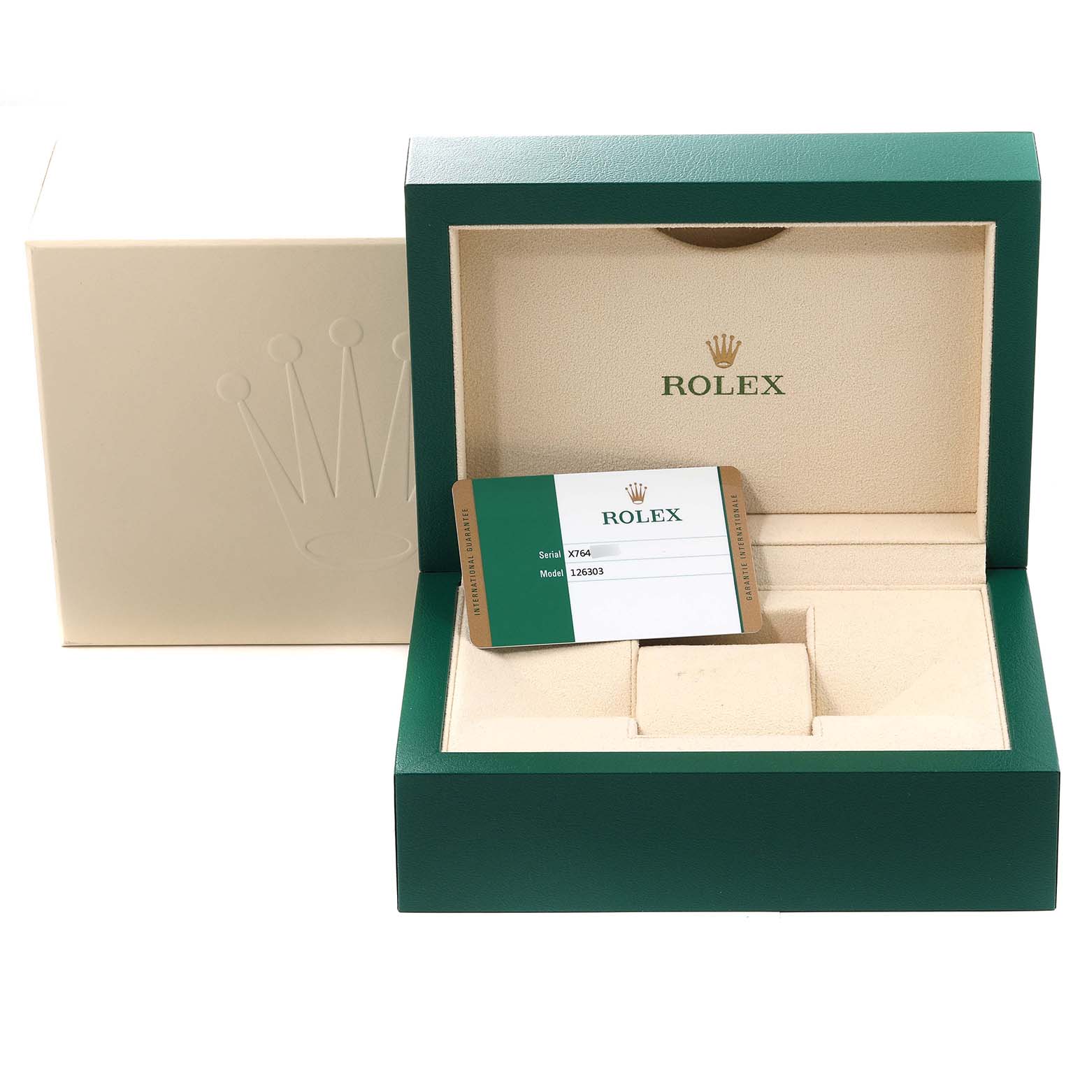 The image shows the open box and warranty card for the Rolex Datejust 41 126303 Men's Steel and Gold (two tone) Black Dial 126303 Men's Steel and Gold (two tone) Black Dial model.