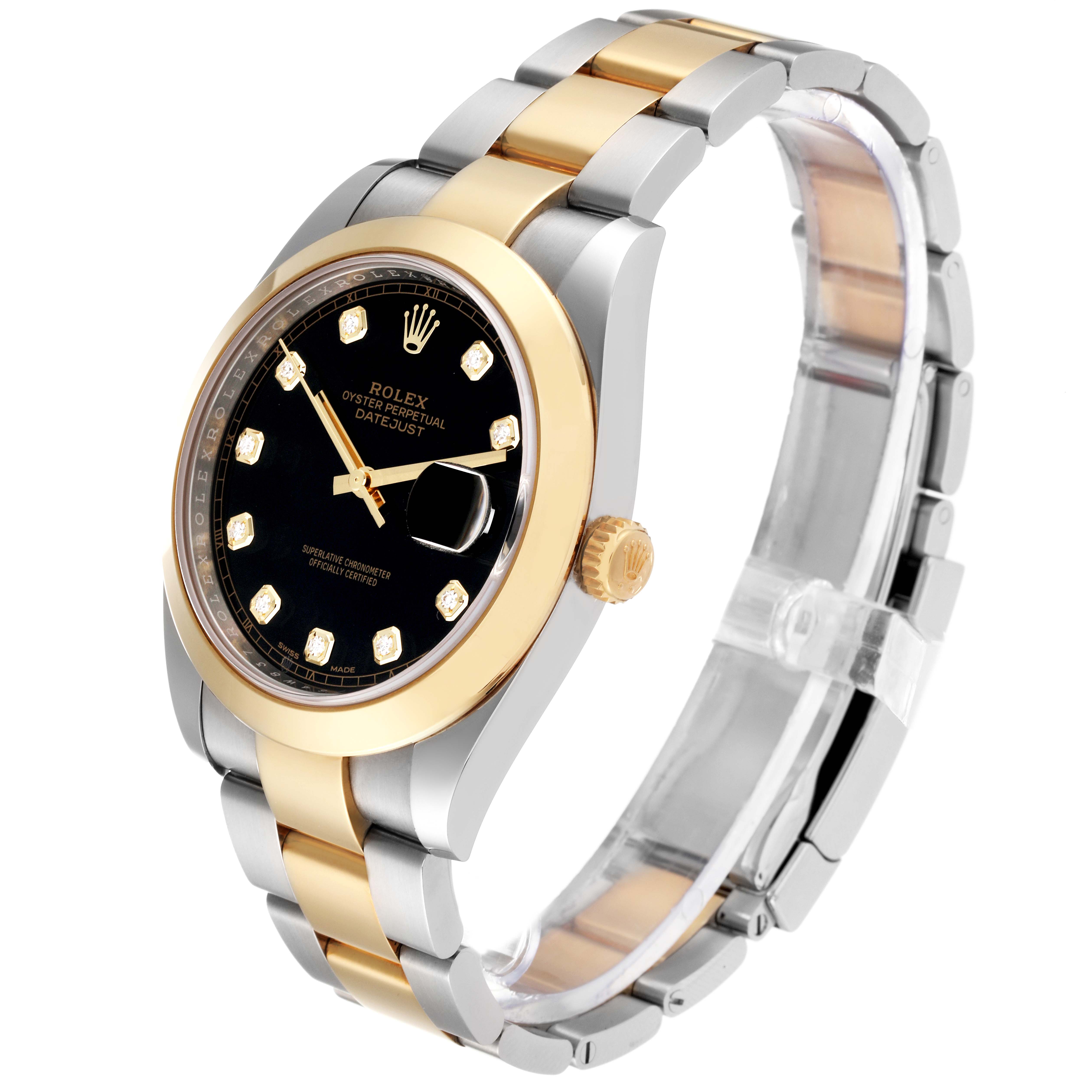 The image shows a Rolex Datejust 41 126303 Men's Steel and Gold (two tone) Black Dial 126303 Men's Steel and Gold (two tone) Black Dial model at a three-quarter angle, highlighting its two-tone bracelet, black dial, and gold bezel.