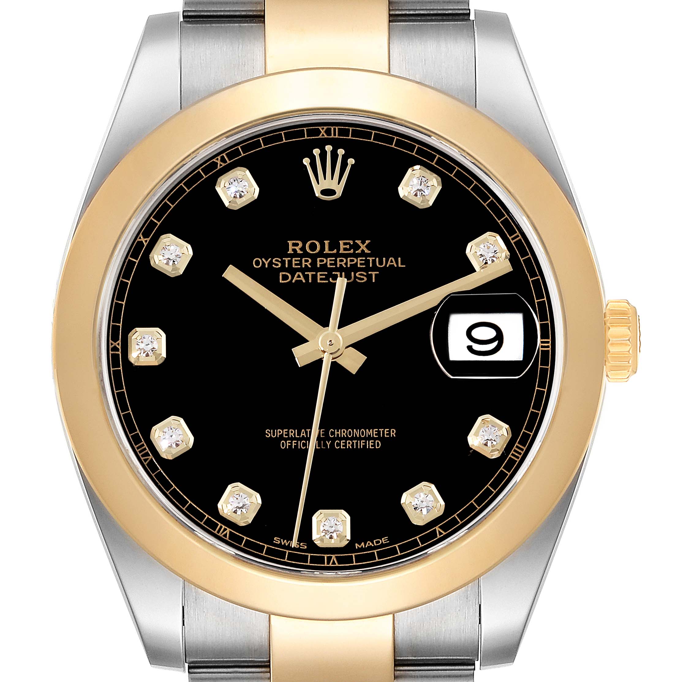 This image shows a close-up of the Rolex Datejust 41 126303 Men's Steel and Gold (two tone) Black Dial 126303 Men's Steel and Gold (two tone) Black Dial watch face, detailing its black dial, gold hour markers, and date window.