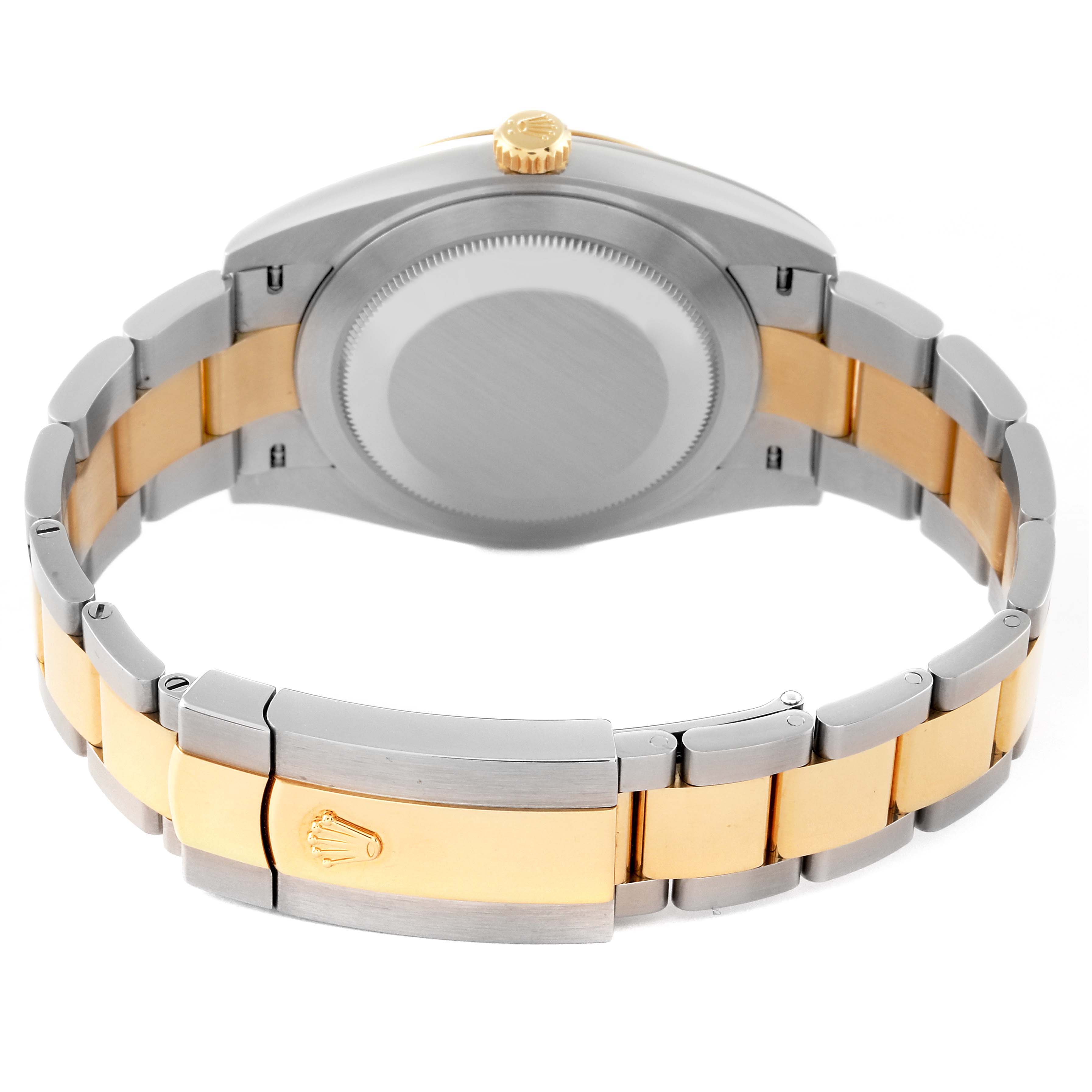 This image shows the back view of the Rolex Datejust 41 126303 Men's Steel and Gold (two tone) Black Dial 126303 Men's Steel and Gold (two tone) Black Dial, highlighting the case back and two-tone bracelet with a clasp.