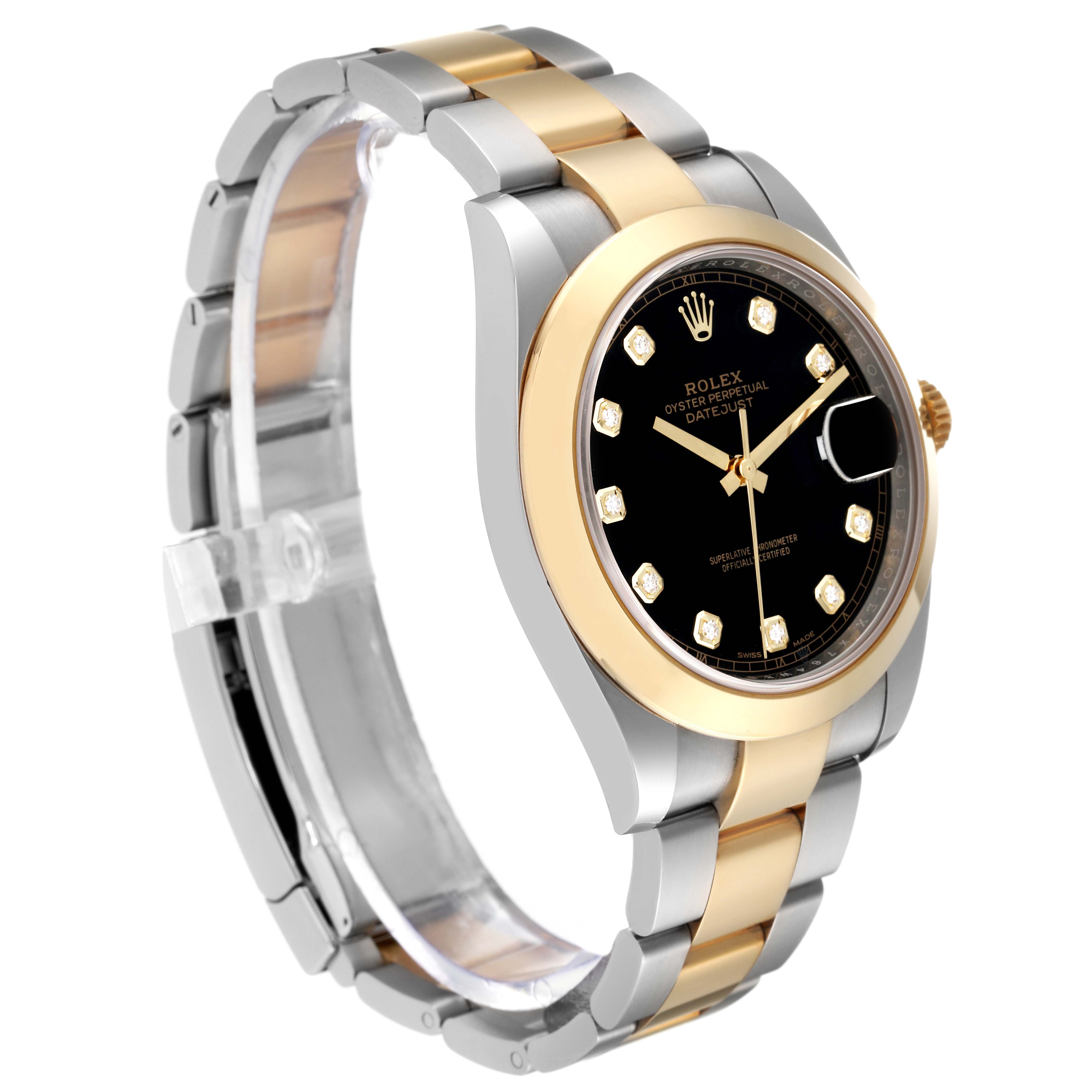 The Rolex Datejust 41 126303 Men's Steel and Gold (two tone) Black Dial 126303 Men's Steel and Gold (two tone) Black Dial watch is shown at a three-quarter angle, highlighting its gold and silver bracelet and black dial.
