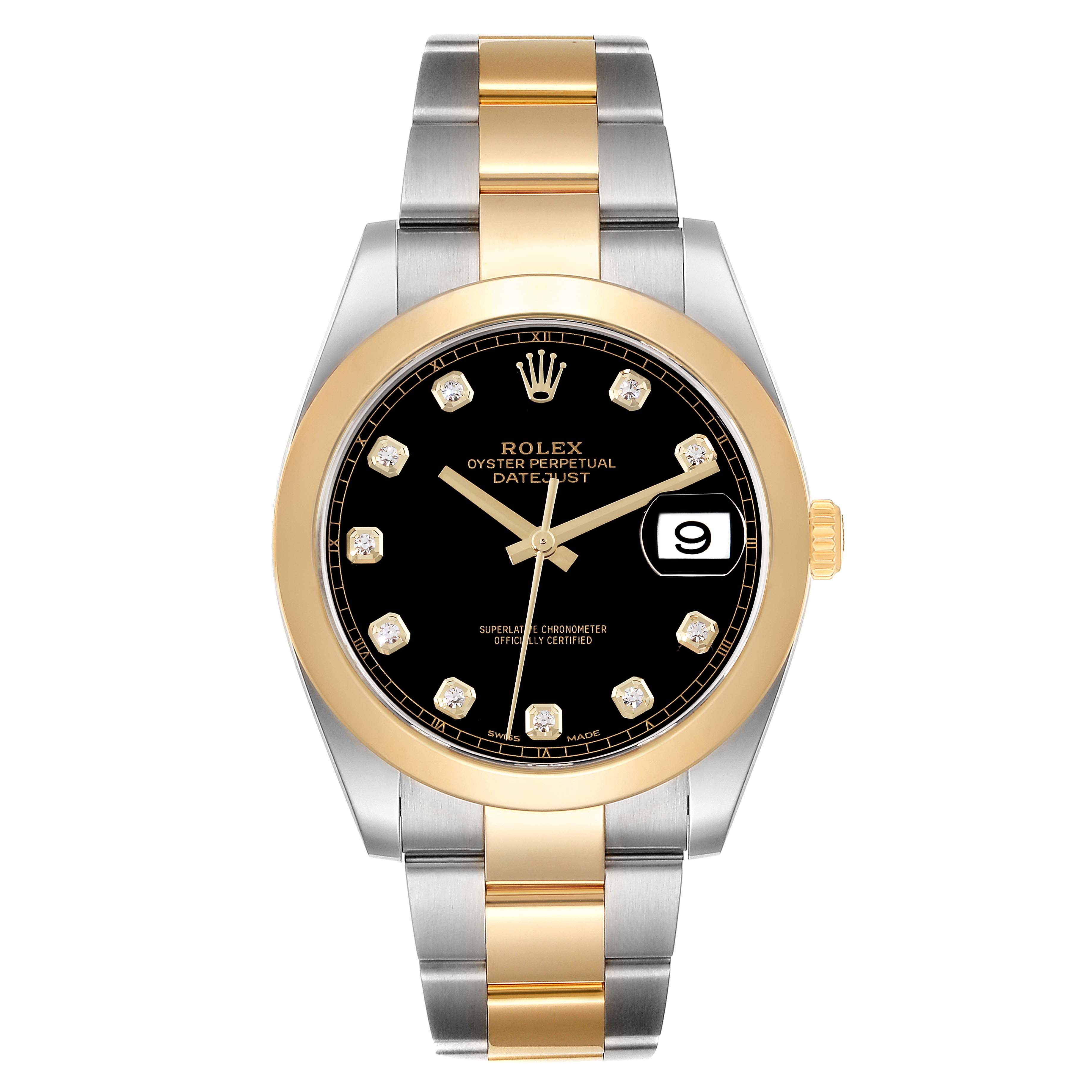 The image shows a front view of a Rolex Datejust 41 126303 Men's Steel and Gold (two tone) Black Dial 126303 Men's Steel and Gold (two tone) Black Dial watch with a gold bezel and black dial on a two-tone bracelet.