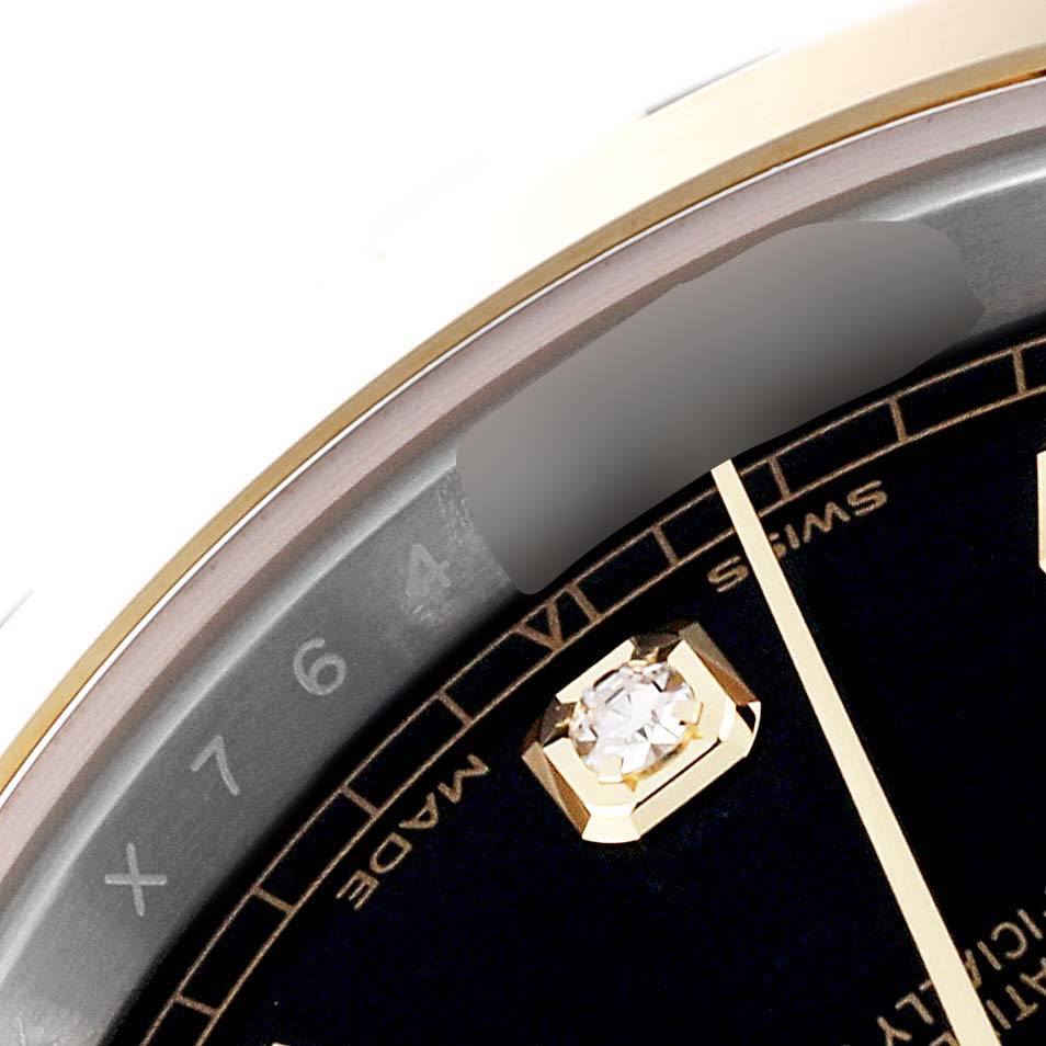 The image shows a close-up of the dial and the engraved rehaut of the Rolex Datejust 41 126303 Men's Steel and Gold (two tone) Black Dial 126303 Men's Steel and Gold (two tone) Black Dial, highlighting the hour marker and "Swiss Made" text.