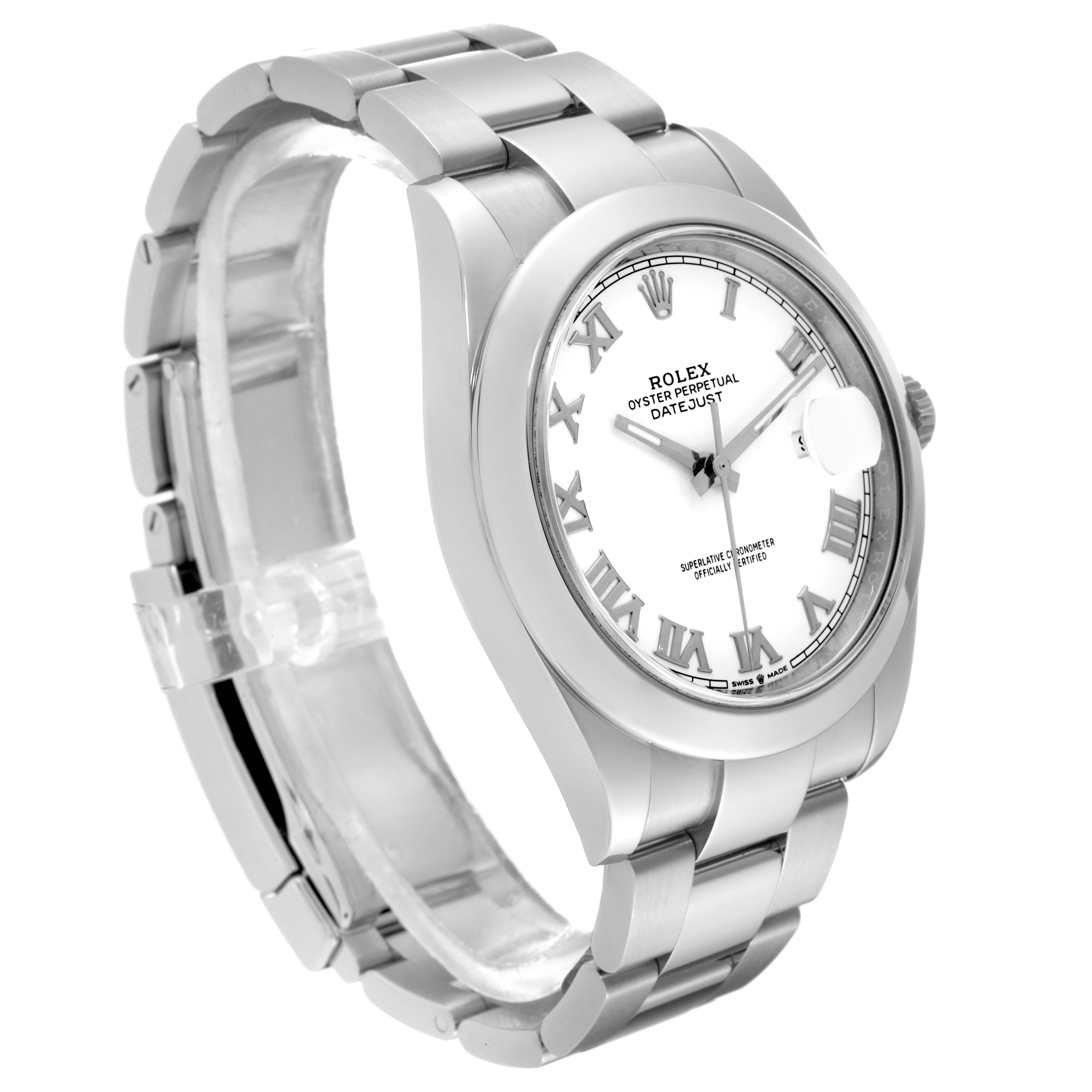 The Rolex Datejust 41 126300 Men's Stainless Steel White Dial 126300 Men's Stainless Steel White Dial watch is shown at an angle highlighting the watch face, bracelet, bezel, and clasp.