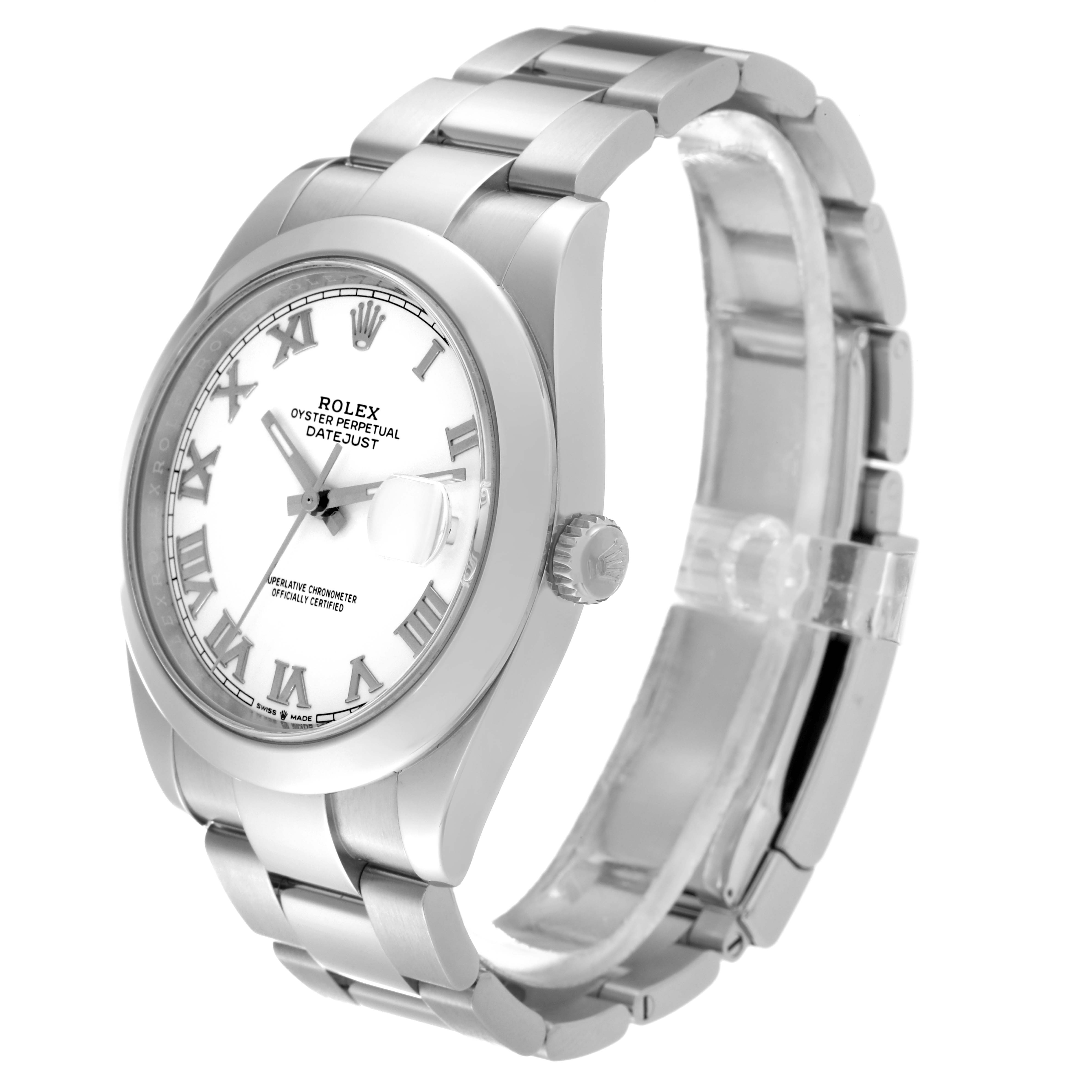 The image shows a silver Rolex Datejust 41 126300 Men's Stainless Steel White Dial 126300 Men's Stainless Steel White Dial model watch from a front and right side angle, displaying its dial, bracelet, and crown.